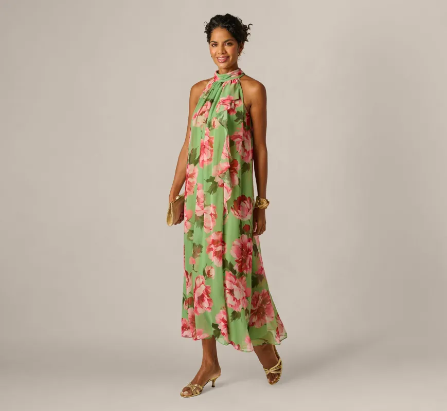 Draped Floral Chiffon Halter Trapeze Gown In Lime Multi made by Adrianna Papell
