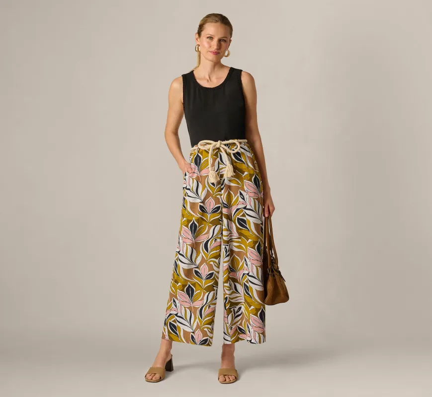 Wide Leg Rope Belt Pants In Amber Green Brushed Leaf made by Adrianna Papell