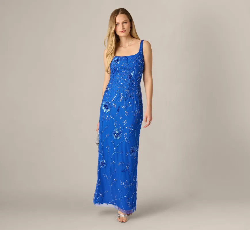 Sleeveless Floral Beaded Column Dress In Brilliant Sapphire sold by Adrianna Papell