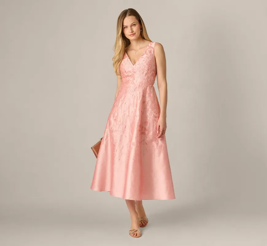 Floral Embroidered Dupioni A Line Midi Dress In Light Pink sold by Adrianna Papell