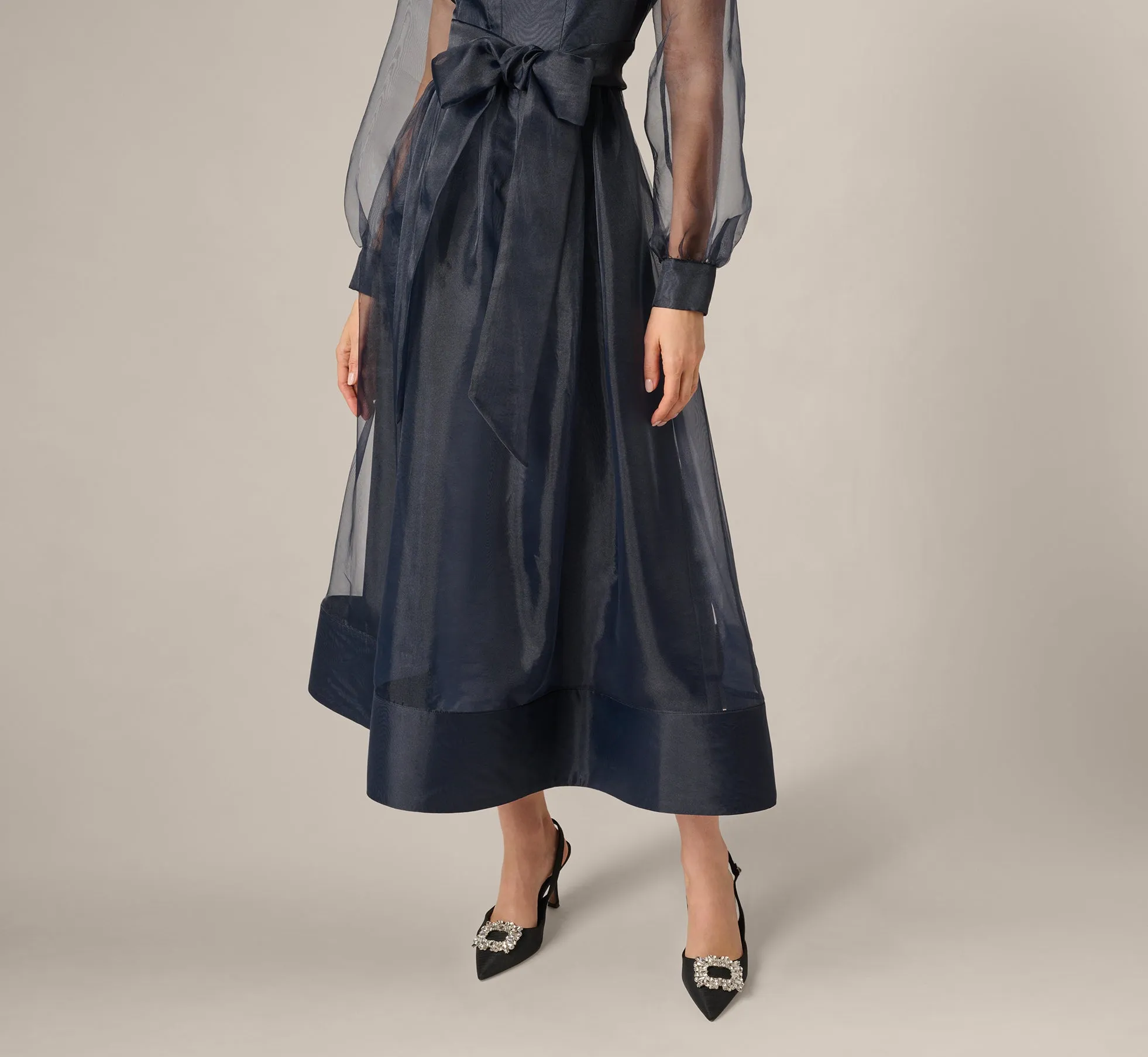 Long Sleeve Organza Collared Ankle Length Midi Dress In Midnight sold by Adrianna Papell product image thumbnail 4
