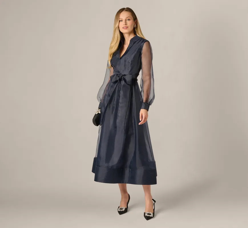 Long Sleeve Organza Collared Ankle Length Midi Dress In Midnight made by Adrianna Papell
