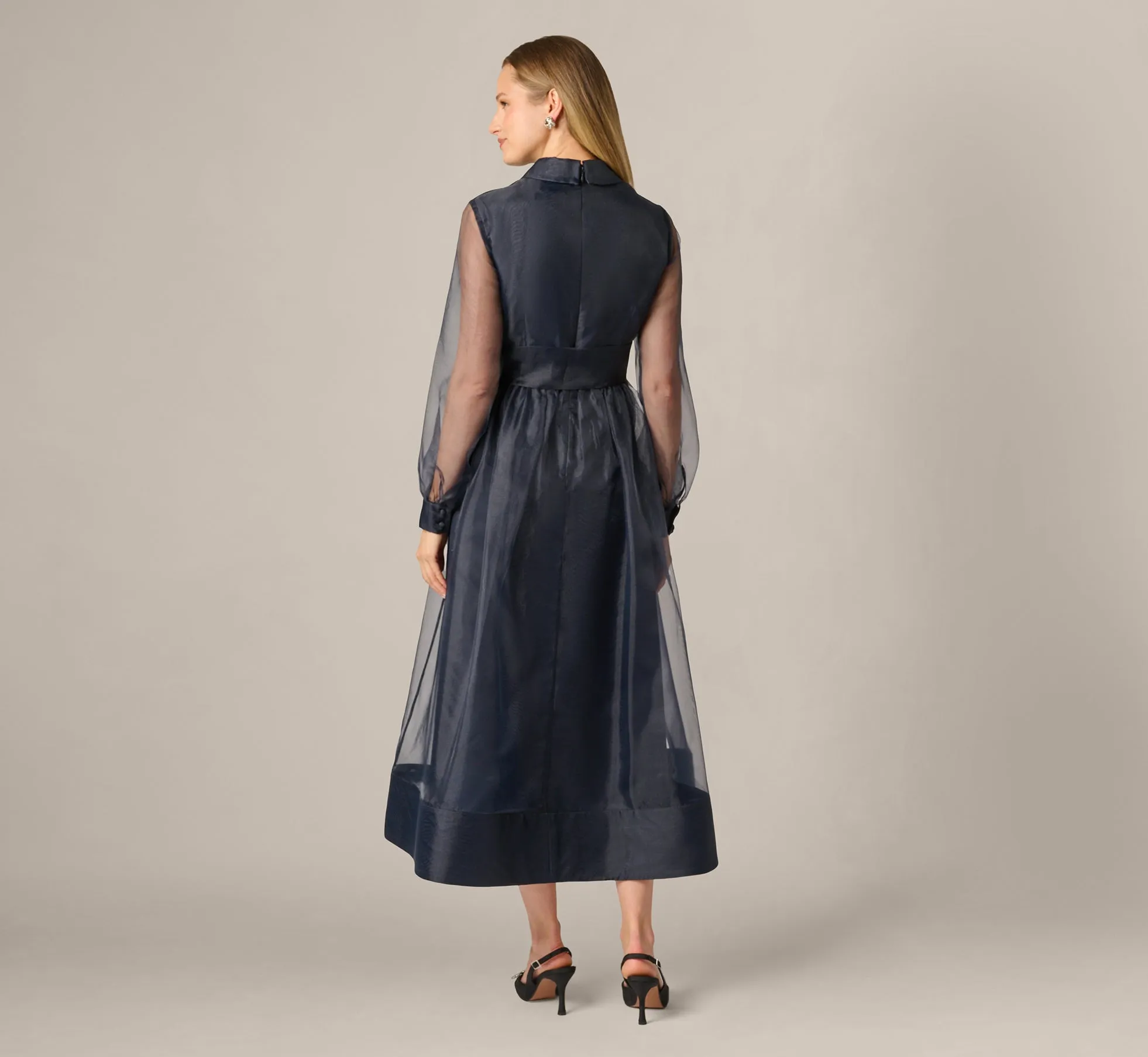 Long Sleeve Organza Collared Ankle Length Midi Dress In Midnight sold by Adrianna Papell product image thumbnail 5
