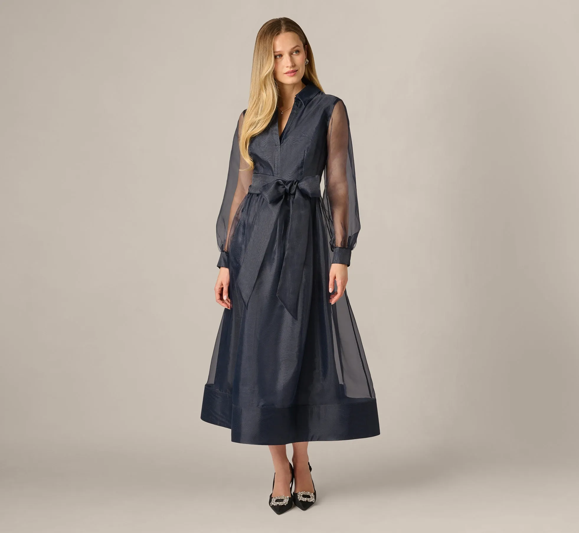 Long Sleeve Organza Collared Ankle Length Midi Dress In Midnight sold by Adrianna Papell product image thumbnail 2