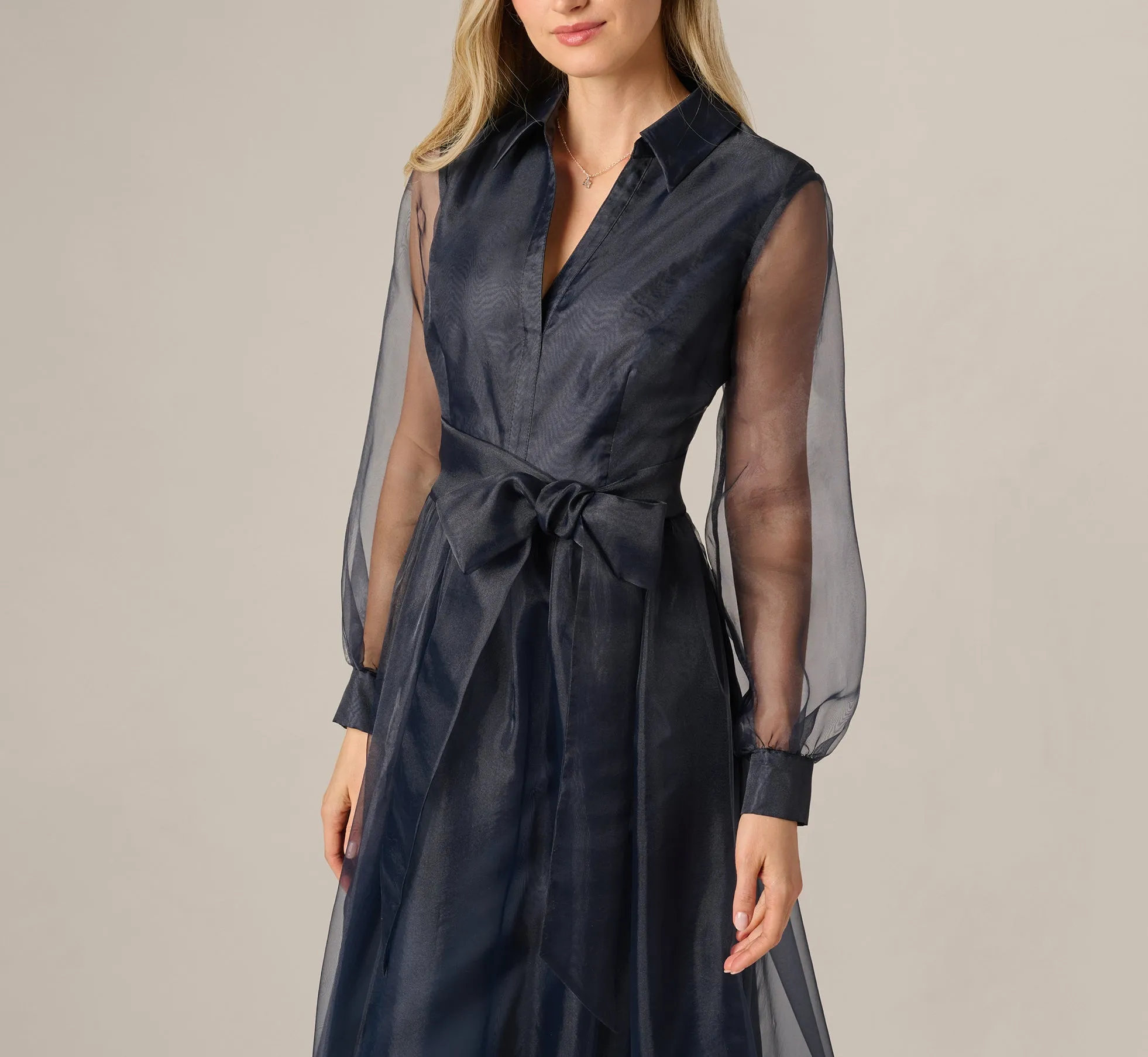 Long Sleeve Organza Collared Ankle Length Midi Dress In Midnight sold by Adrianna Papell product image thumbnail 3