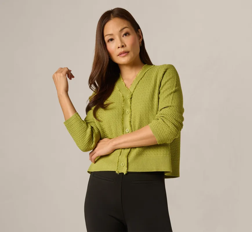 Waffle Knit Cardigan Sweater With Frayed Edges In Apple Green made by Adrianna Papell