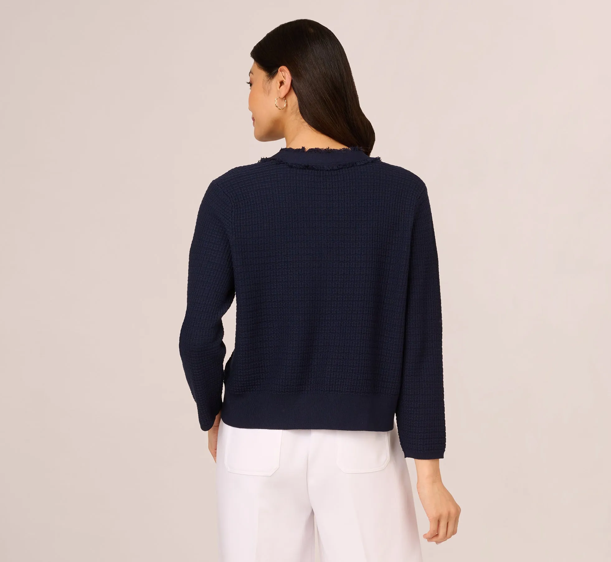 Waffle Knit Cardigan Sweater With Frayed Edges In Blue Moon sold by Adrianna Papell product image thumbnail 5