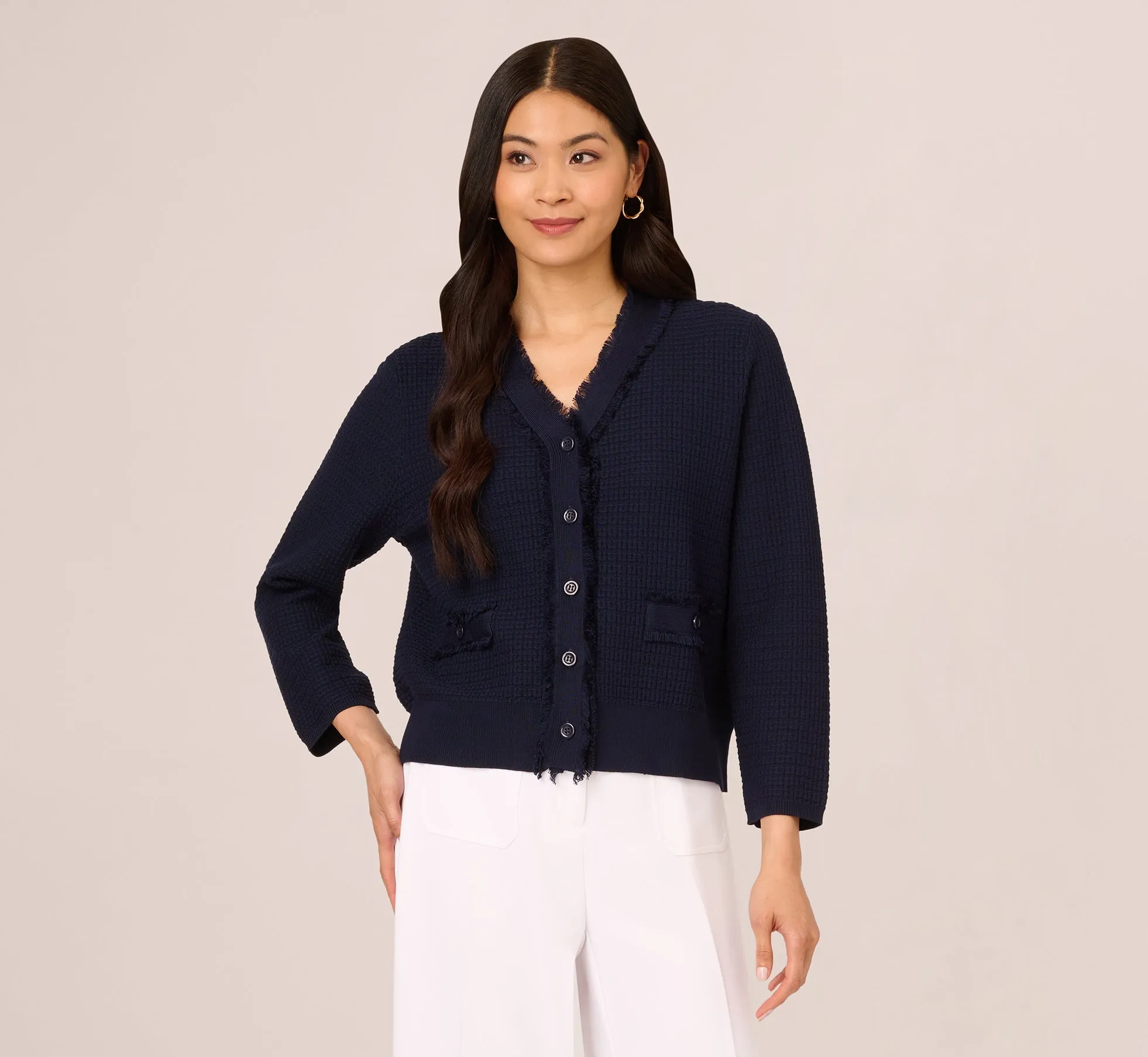 Waffle Knit Cardigan Sweater With Frayed Edges In Blue Moon sold by Adrianna Papell product image thumbnail 2