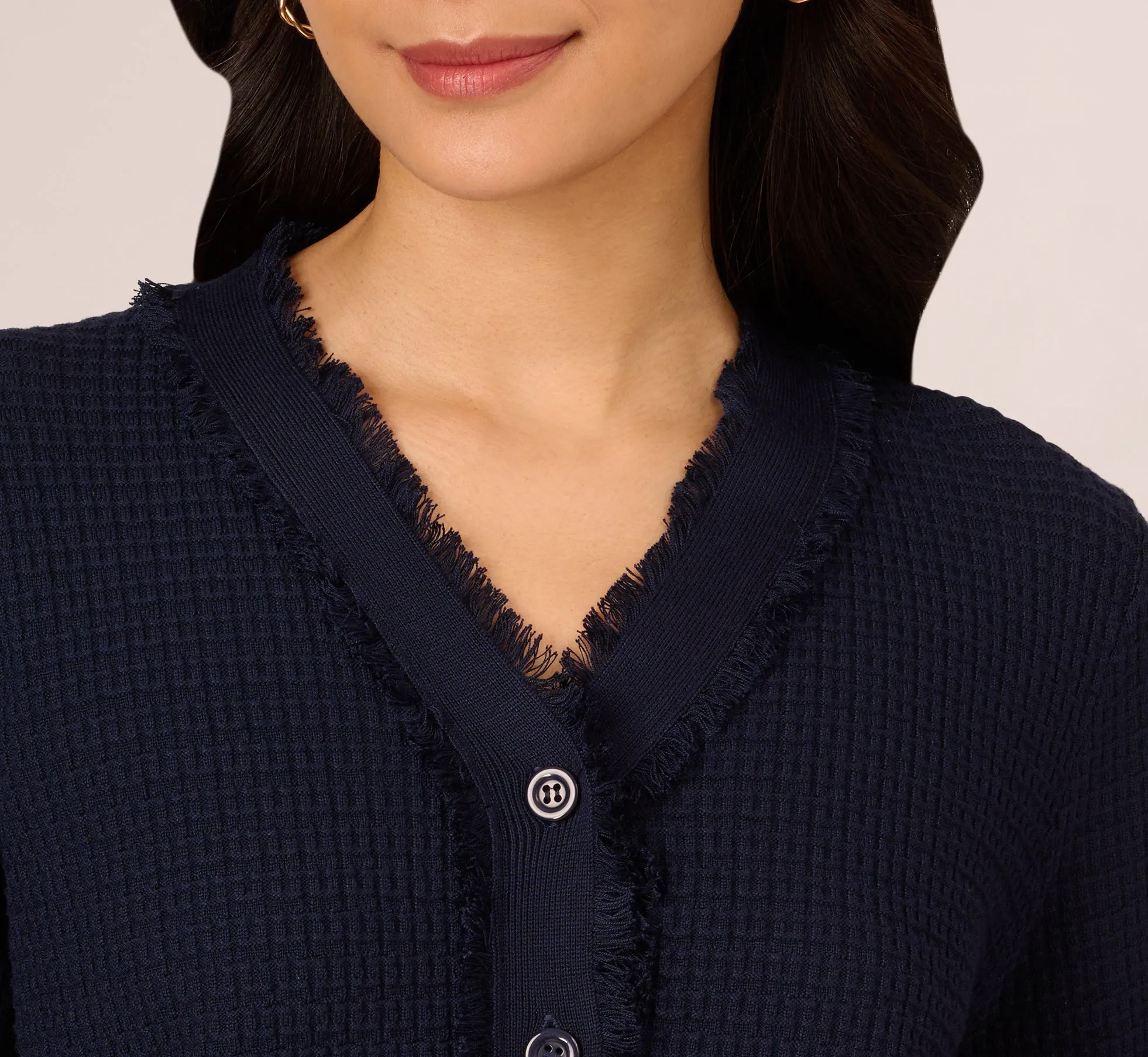 Waffle Knit Cardigan Sweater With Frayed Edges In Blue Moon sold by Adrianna Papell product image thumbnail 3