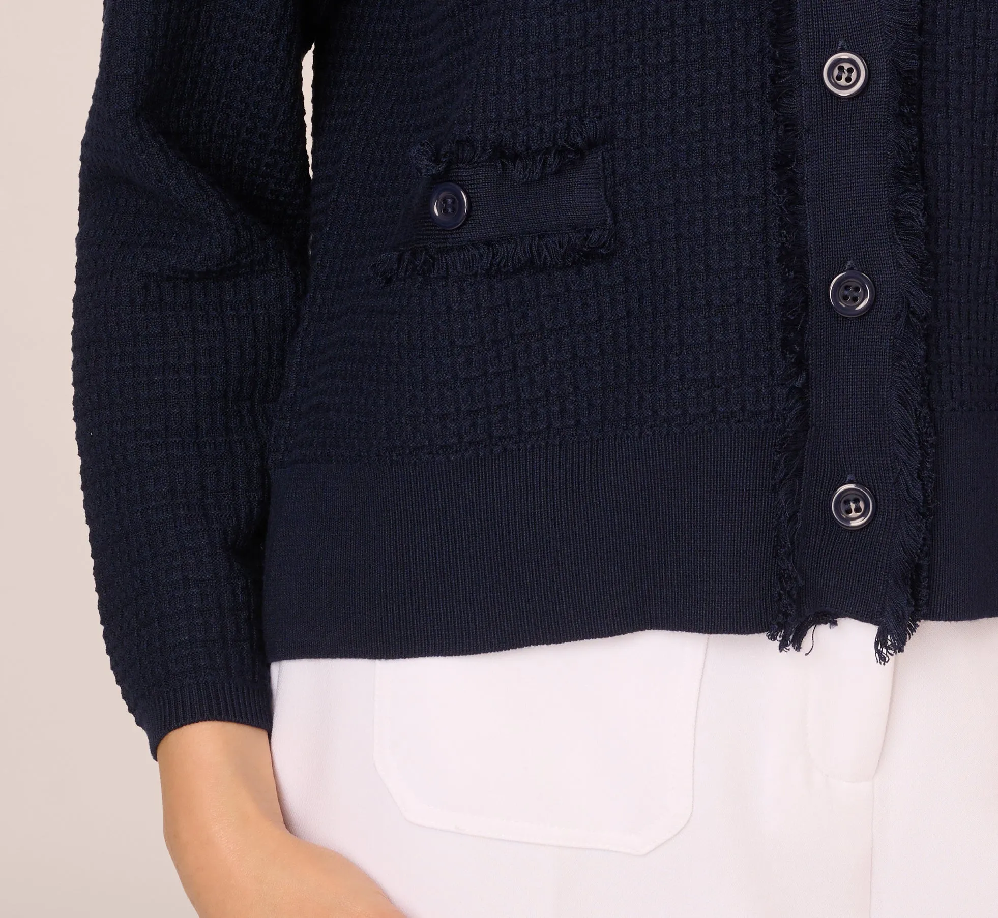 Waffle Knit Cardigan Sweater With Frayed Edges In Blue Moon sold by Adrianna Papell product image thumbnail 4