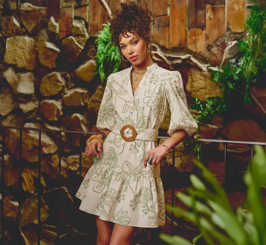 Cotton Floral Eyelet Belted Short Dress In Ivory Sage made by Adrianna Papell