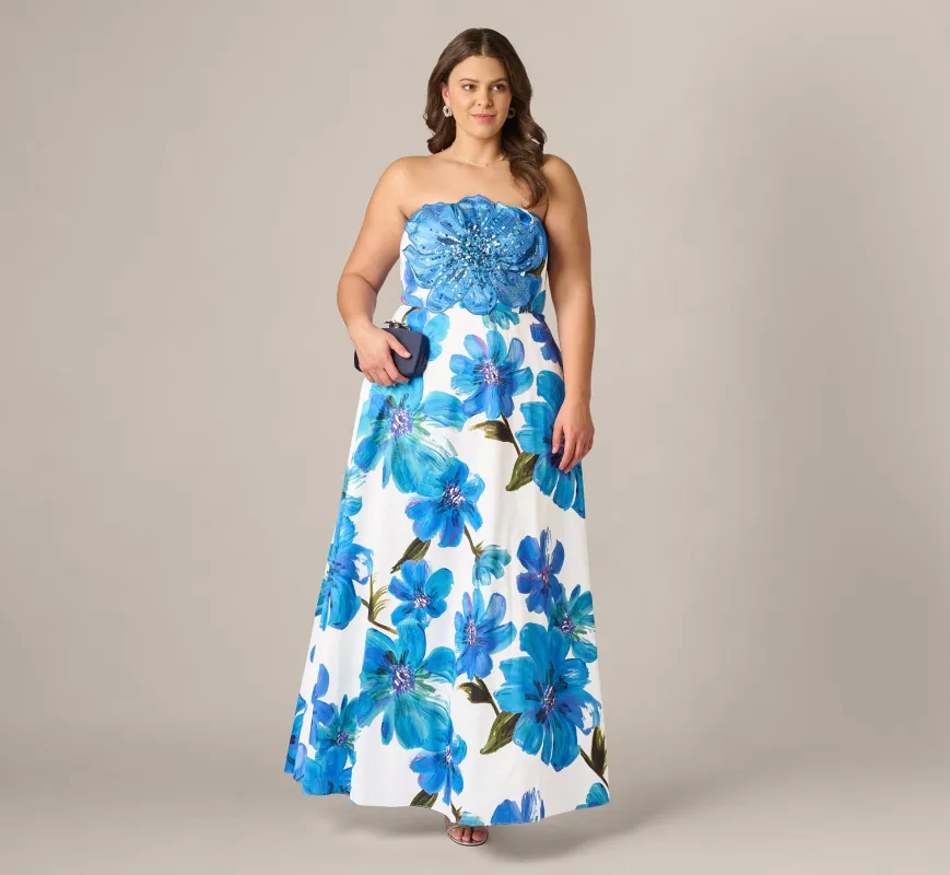 Plus Size Strapless 3D Floral Beaded Dupioni Gown In Ivory Blue Multi made by Adrianna Papell
