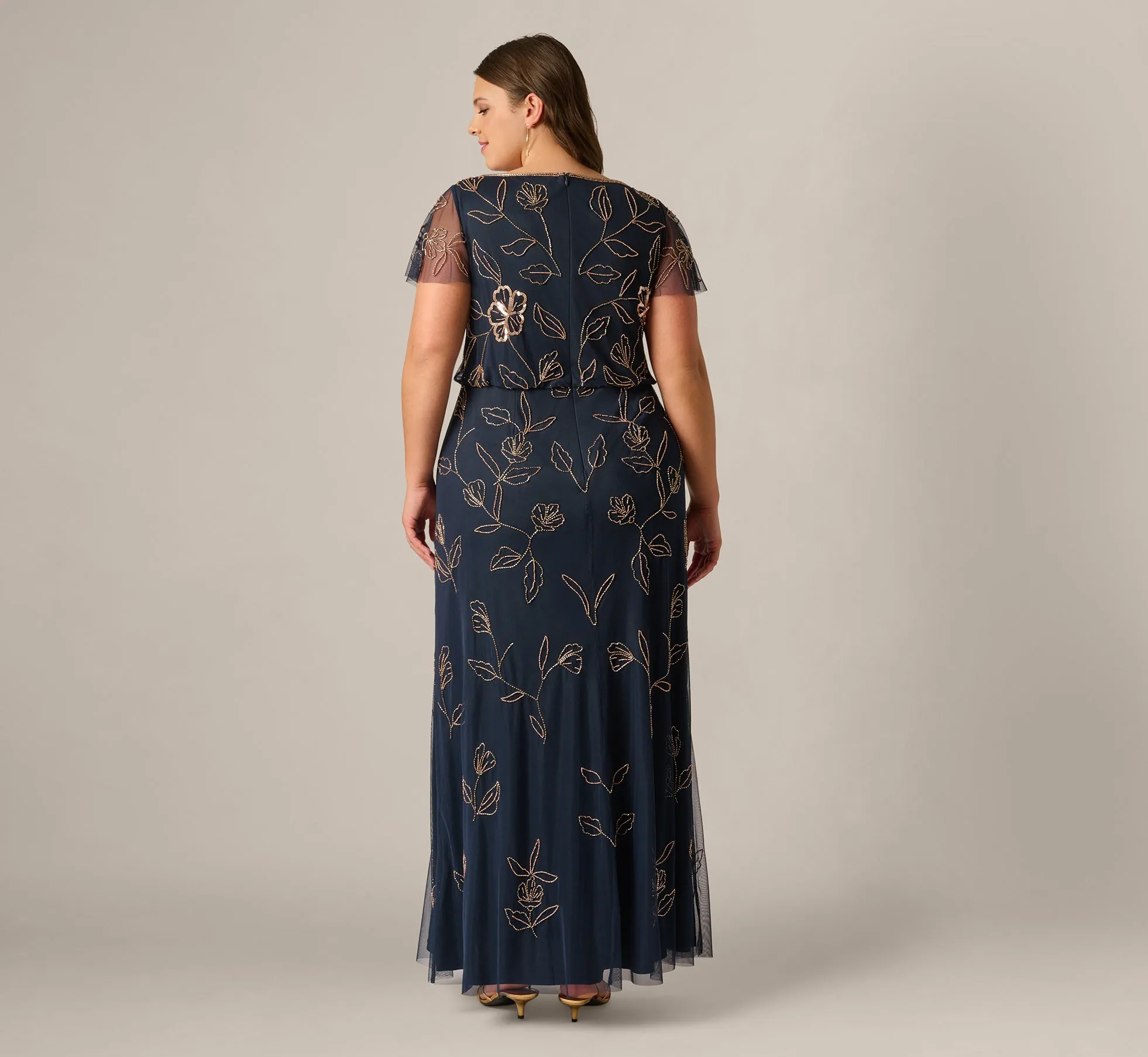 Plus Size Flutter Sleeve Floral Beaded Blouson Gown In Navy Rosegold sold by Adrianna Papell product image thumbnail 5