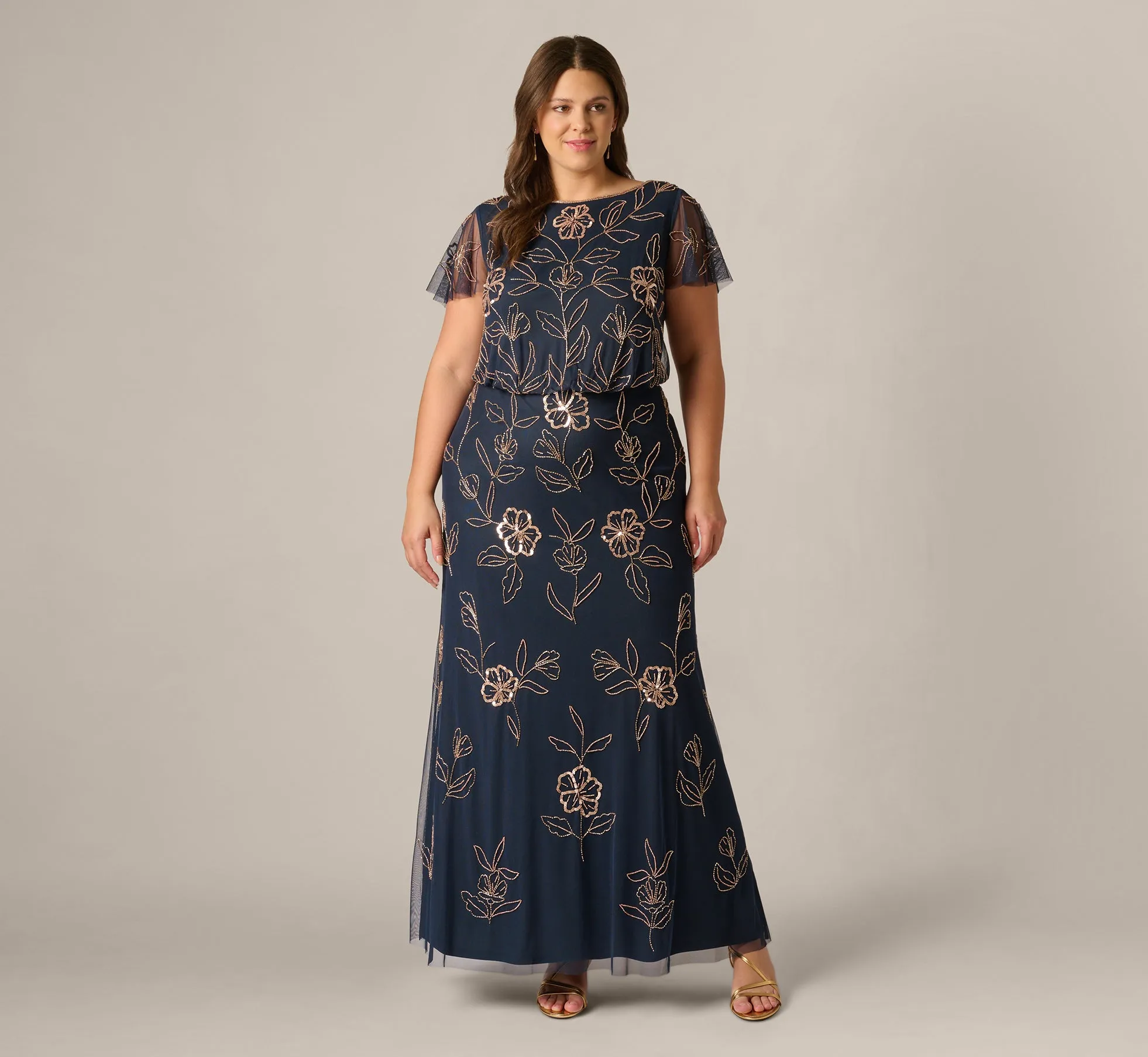 Plus Size Flutter Sleeve Floral Beaded Blouson Gown In Navy Rosegold sold by Adrianna Papell product image thumbnail 2