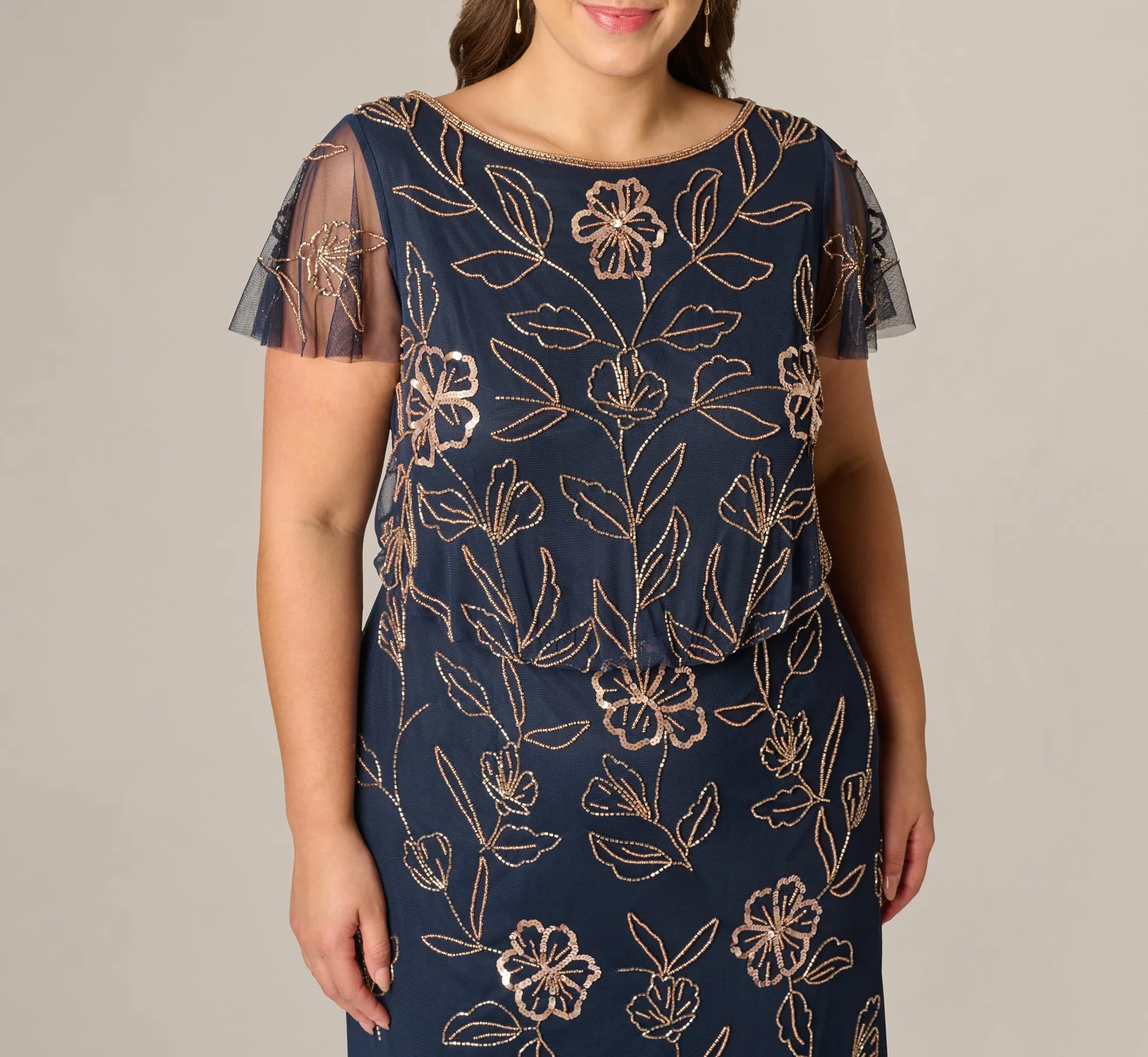 Plus Size Flutter Sleeve Floral Beaded Blouson Gown In Navy Rosegold sold by Adrianna Papell product image thumbnail 3