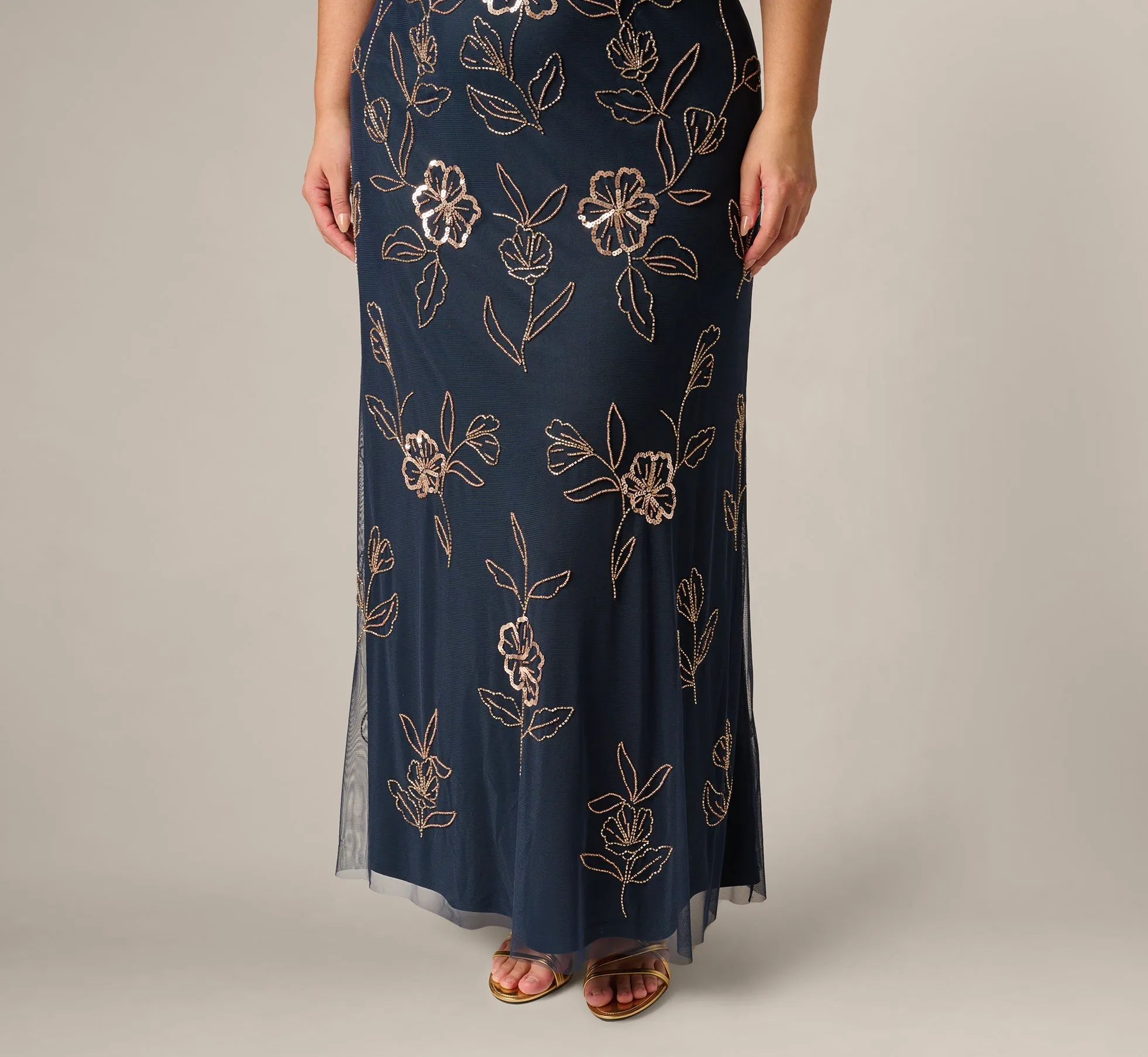 Plus Size Flutter Sleeve Floral Beaded Blouson Gown In Navy Rosegold sold by Adrianna Papell product image thumbnail 4
