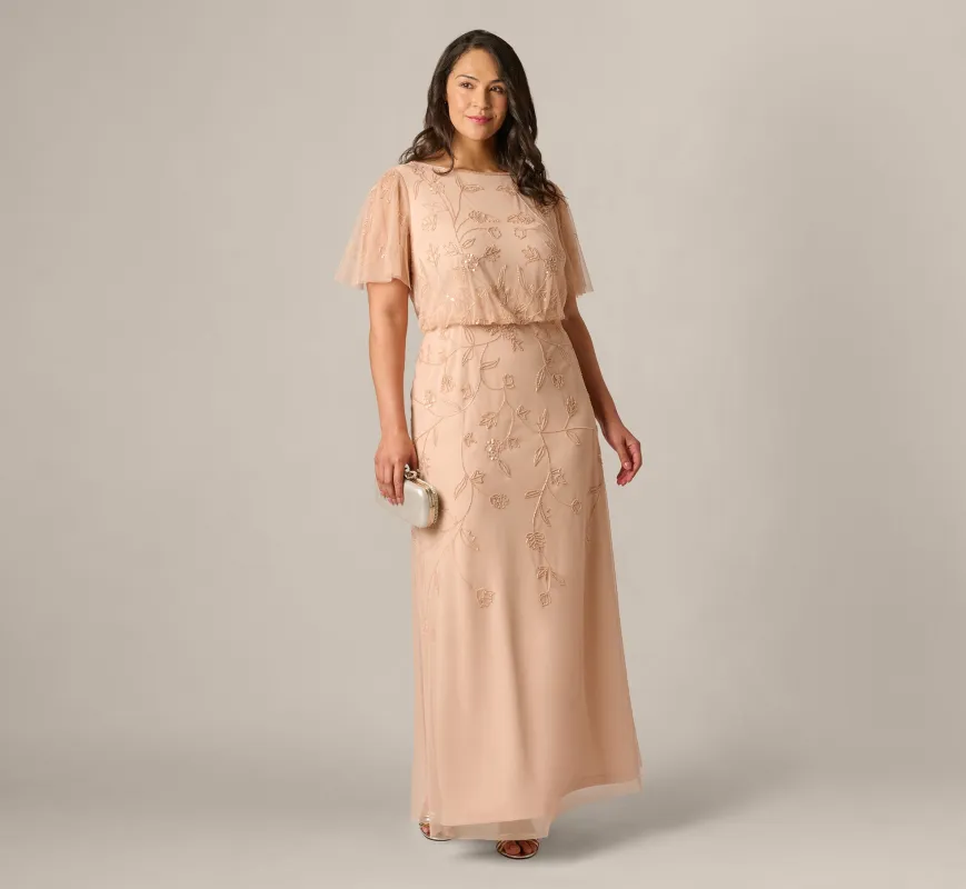 Plus Size Flutter Sleeve Blouson Beaded Gown In Blush made by Adrianna Papell