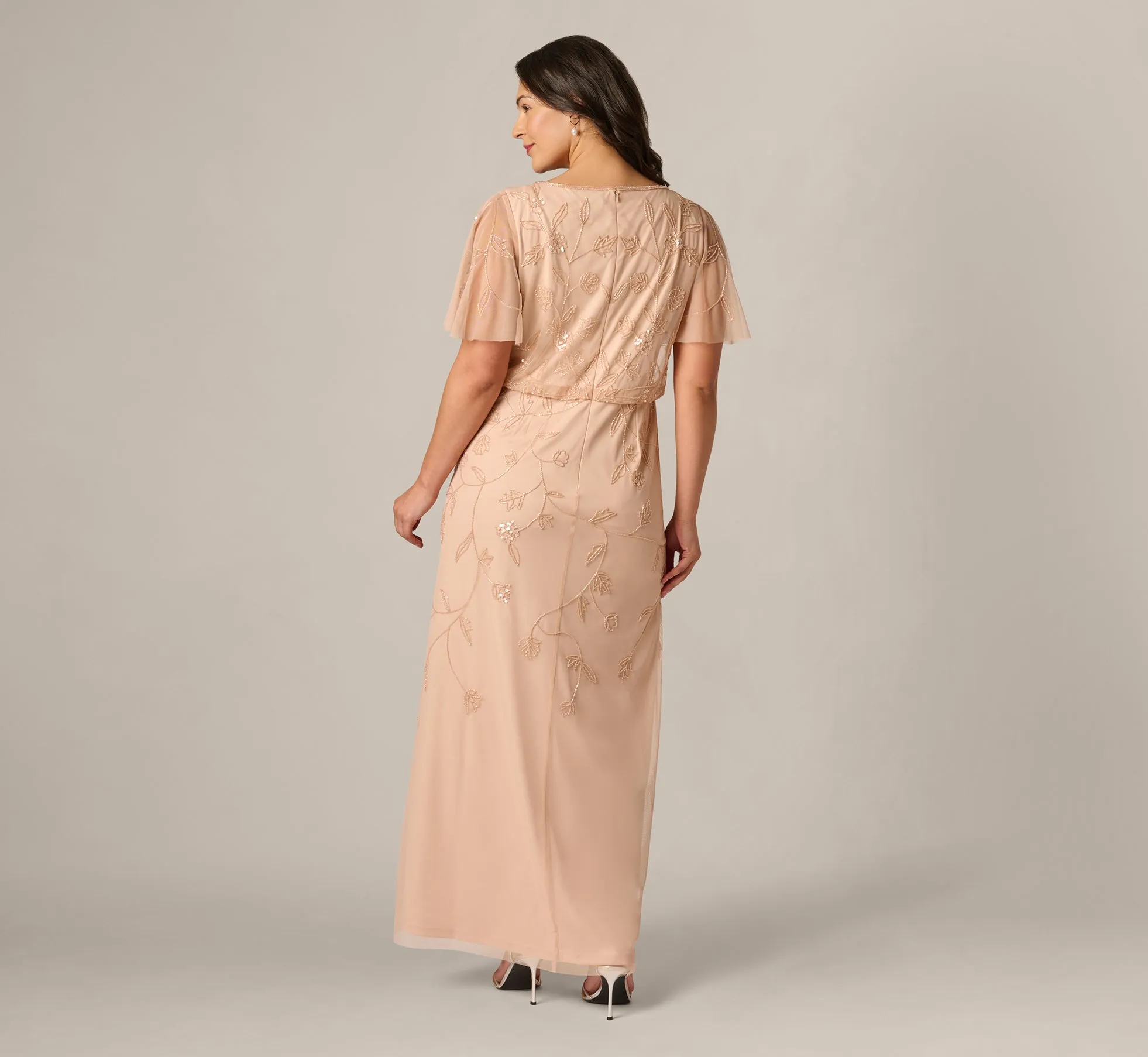 Plus Size Flutter Sleeve Blouson Beaded Gown In Blush sold by Adrianna Papell product image thumbnail 5