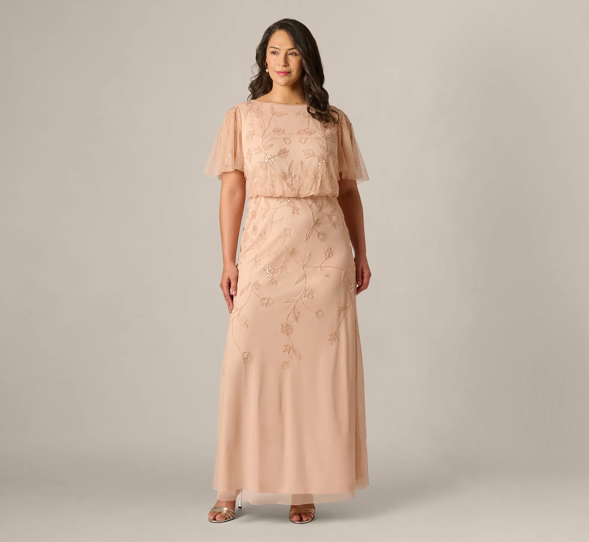 Plus Size Flutter Sleeve Blouson Beaded Gown In Blush sold by Adrianna Papell product image thumbnail 2