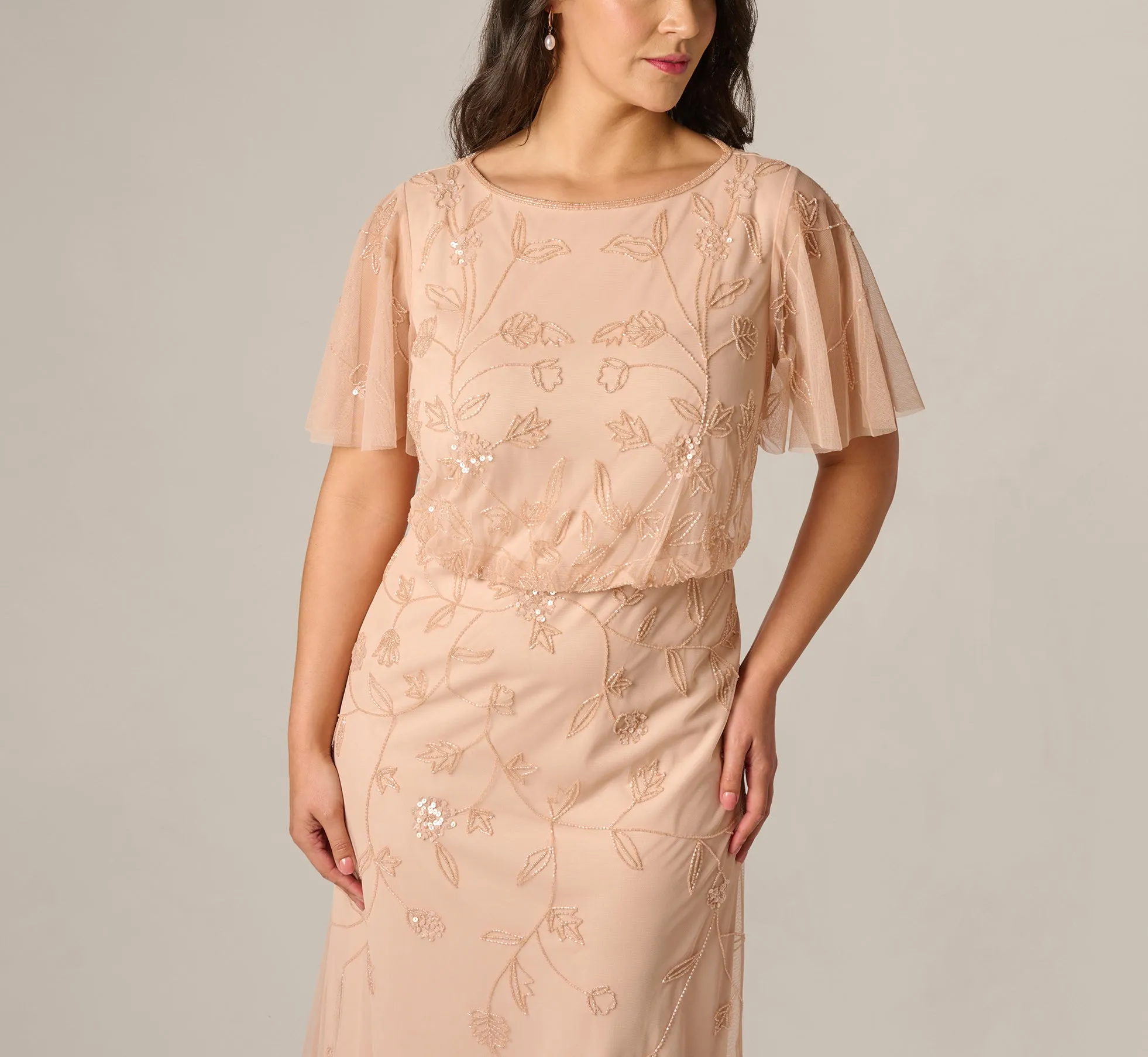 Plus Size Flutter Sleeve Blouson Beaded Gown In Blush sold by Adrianna Papell product image thumbnail 3