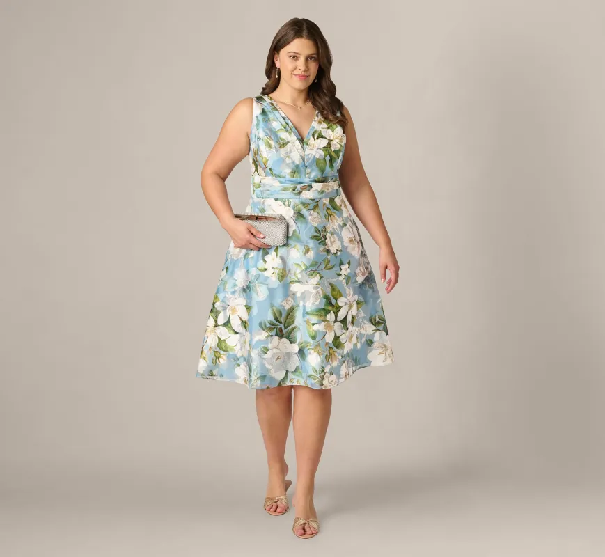 Plus Size Magnolia Floral Jacquard A Line Midi Dress In Blue Multi made by Adrianna Papell