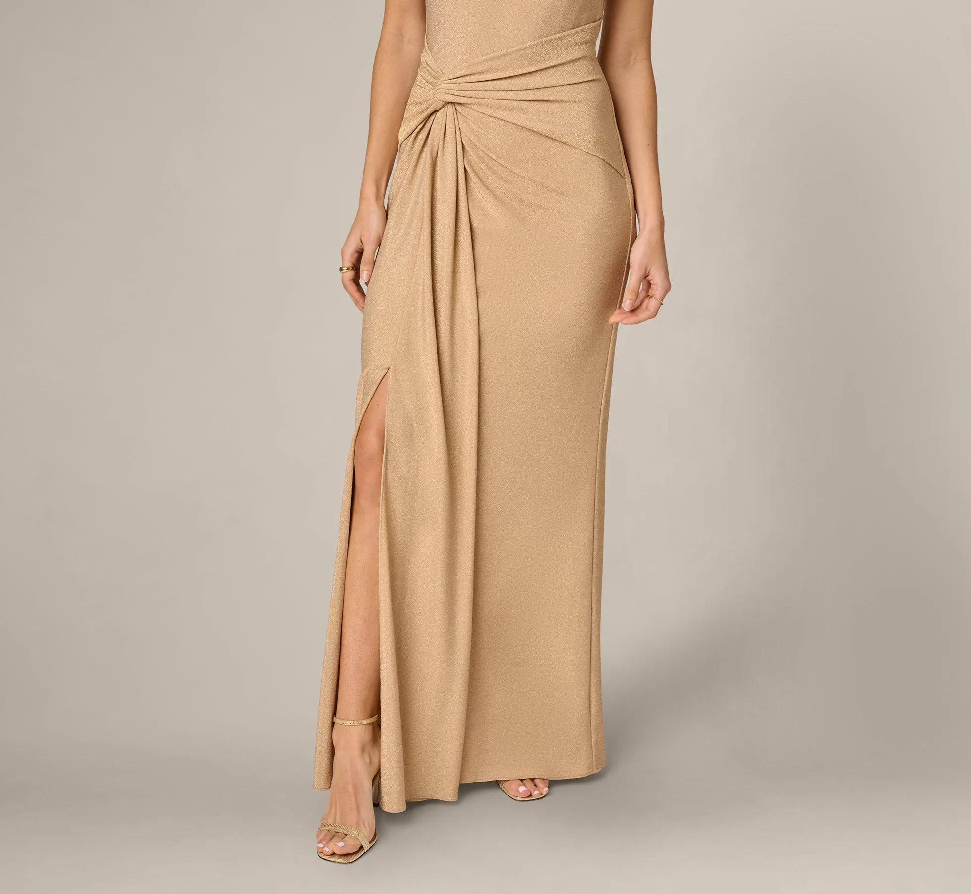 Metallic Stretch Knit Draped Gown In Light Gold sold by Adrianna Papell product image thumbnail 4