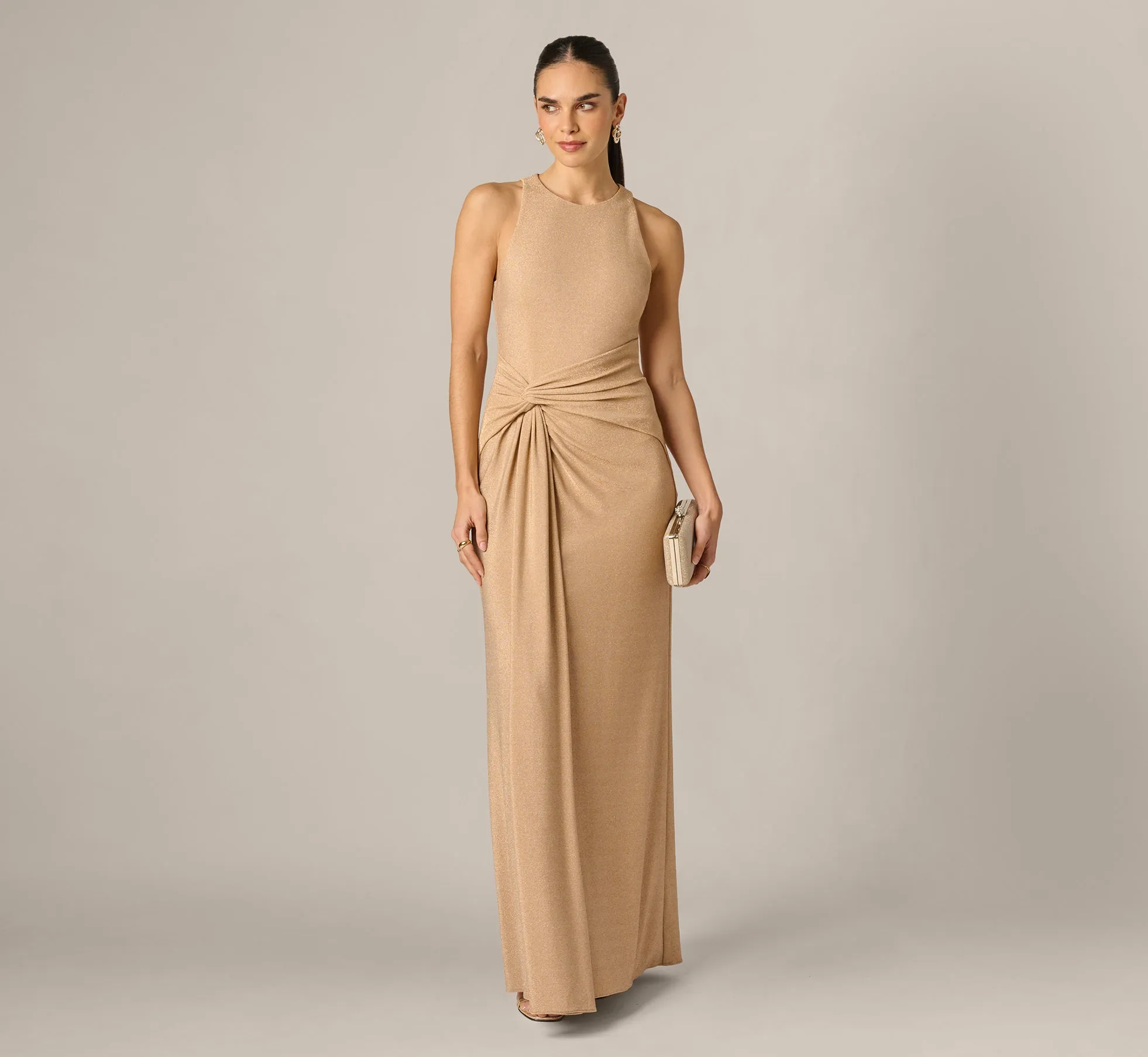 Metallic Stretch Knit Draped Gown In Light Gold sold by Adrianna Papell