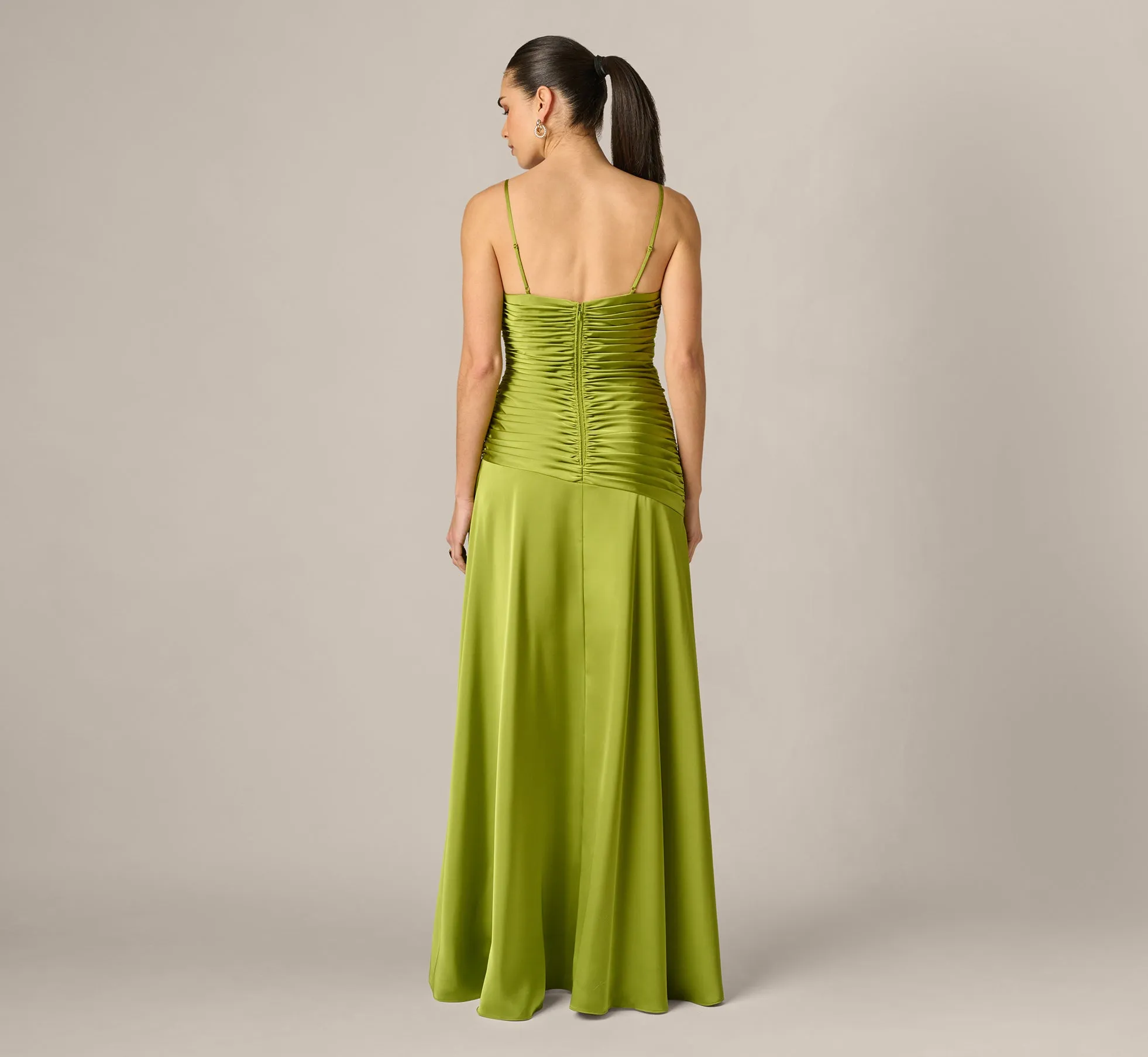 Asymmetrical High Low Stretch Satin Drop Waist Gown In Martini Olive sold by Adrianna Papell product image thumbnail 5