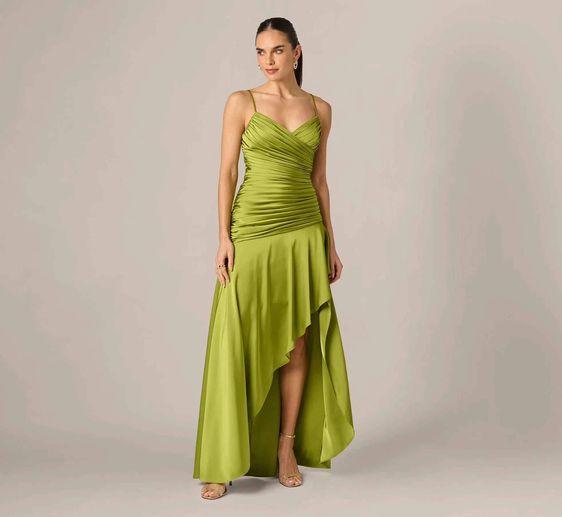 Asymmetrical High Low Stretch Satin Drop Waist Gown In Martini Olive sold by Adrianna Papell product image thumbnail 2