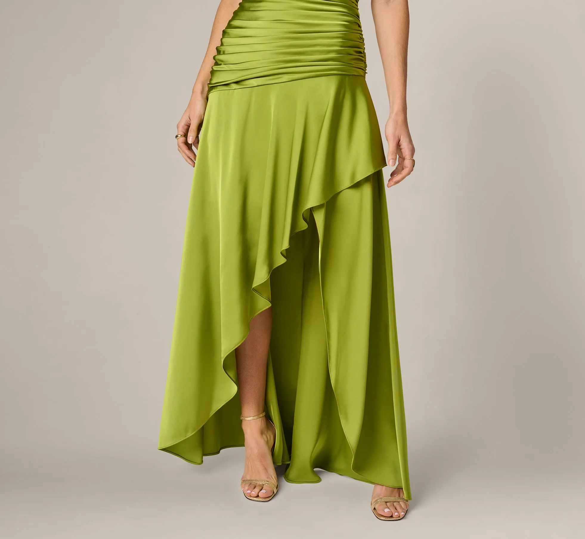Asymmetrical High Low Stretch Satin Drop Waist Gown In Martini Olive sold by Adrianna Papell product image thumbnail 4