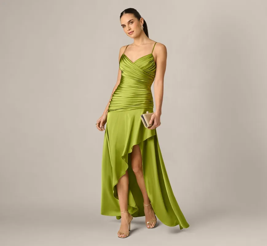 Asymmetrical High Low Stretch Satin Drop Waist Gown In Martini Olive made by Adrianna Papell