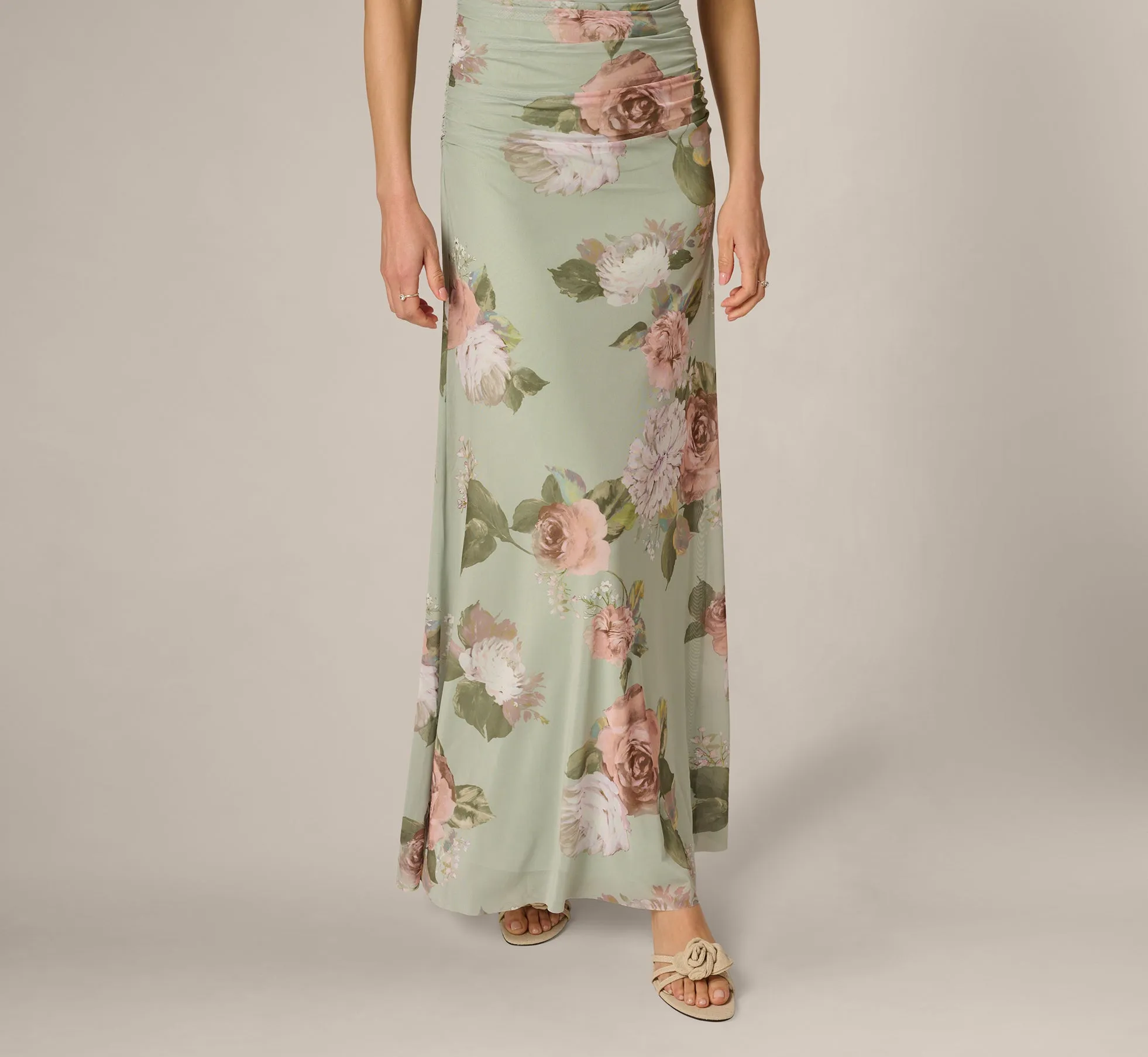 Floral Print Stretch Mesh Ruched Gown In Sage Multi sold by Adrianna Papell product image thumbnail 4