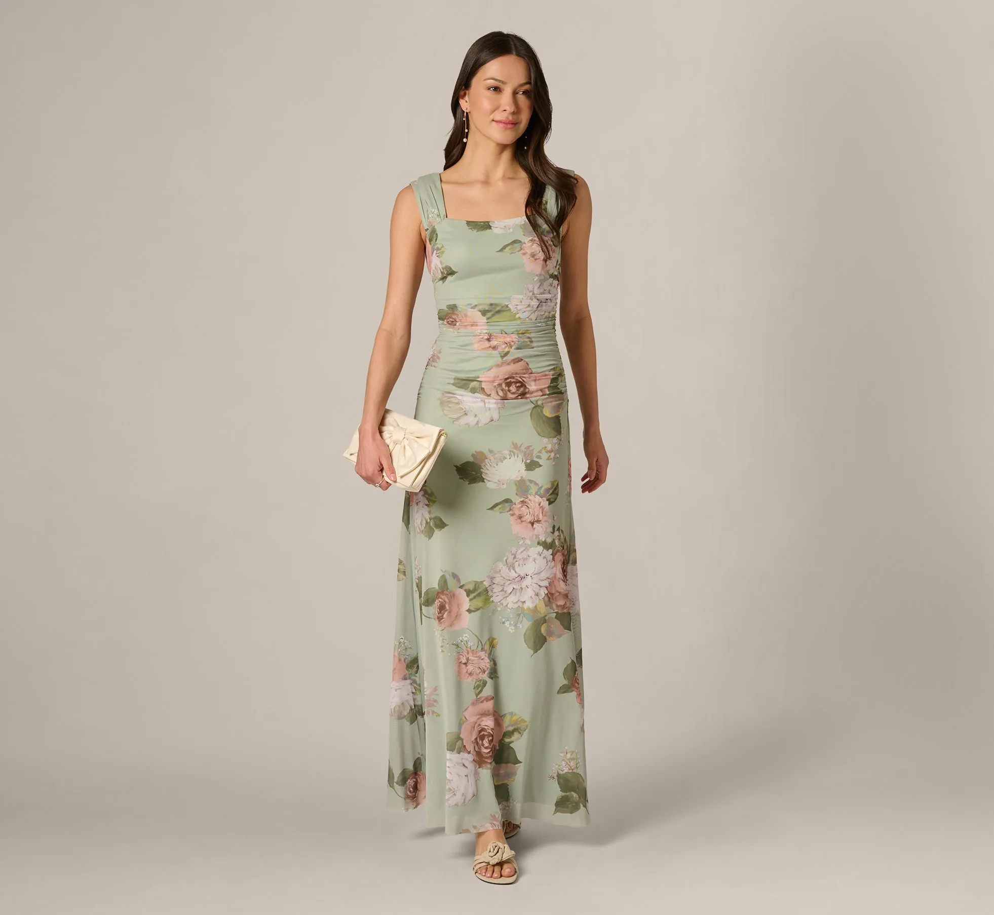 Floral Print Stretch Mesh Ruched Gown In Sage Multi sold by Adrianna Papell