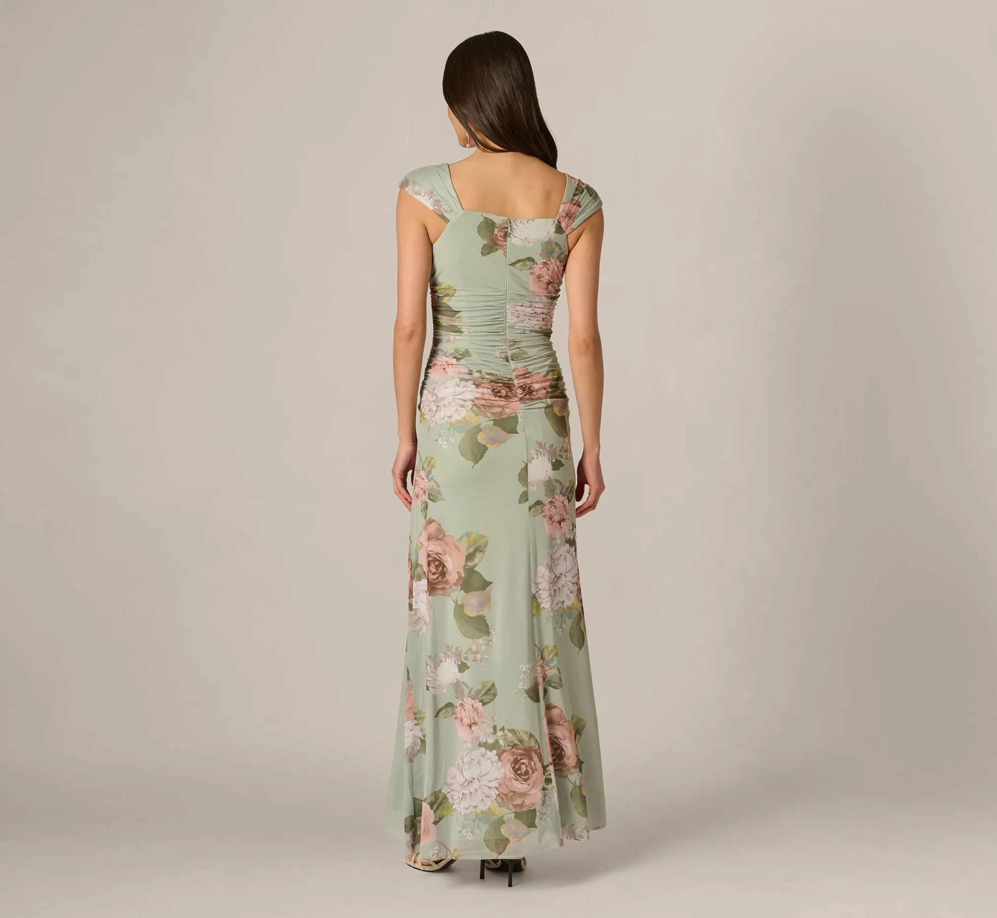 Floral Print Stretch Mesh Ruched Gown In Sage Multi sold by Adrianna Papell product image thumbnail 5
