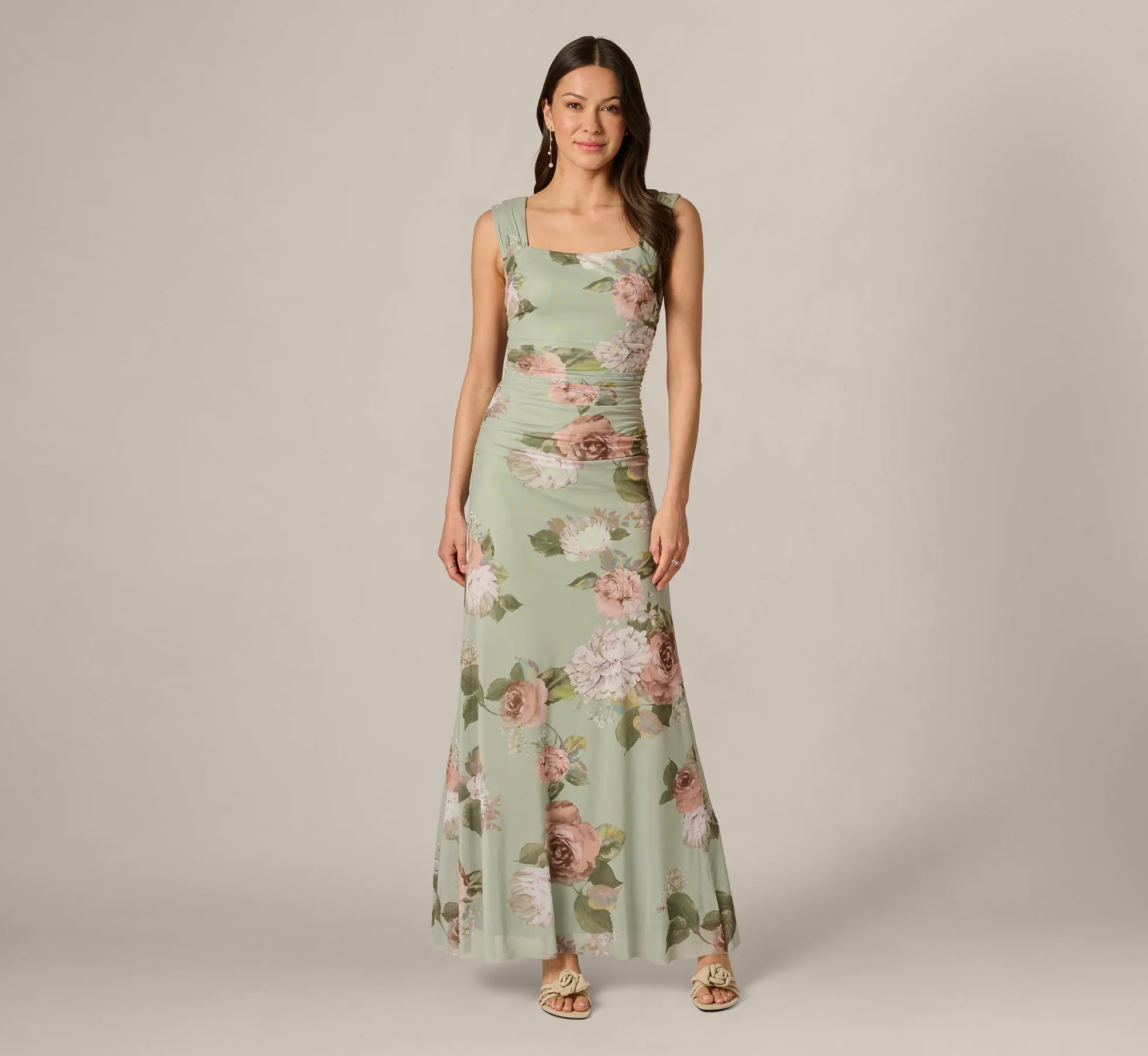 Floral Print Stretch Mesh Ruched Gown In Sage Multi sold by Adrianna Papell product image thumbnail 2