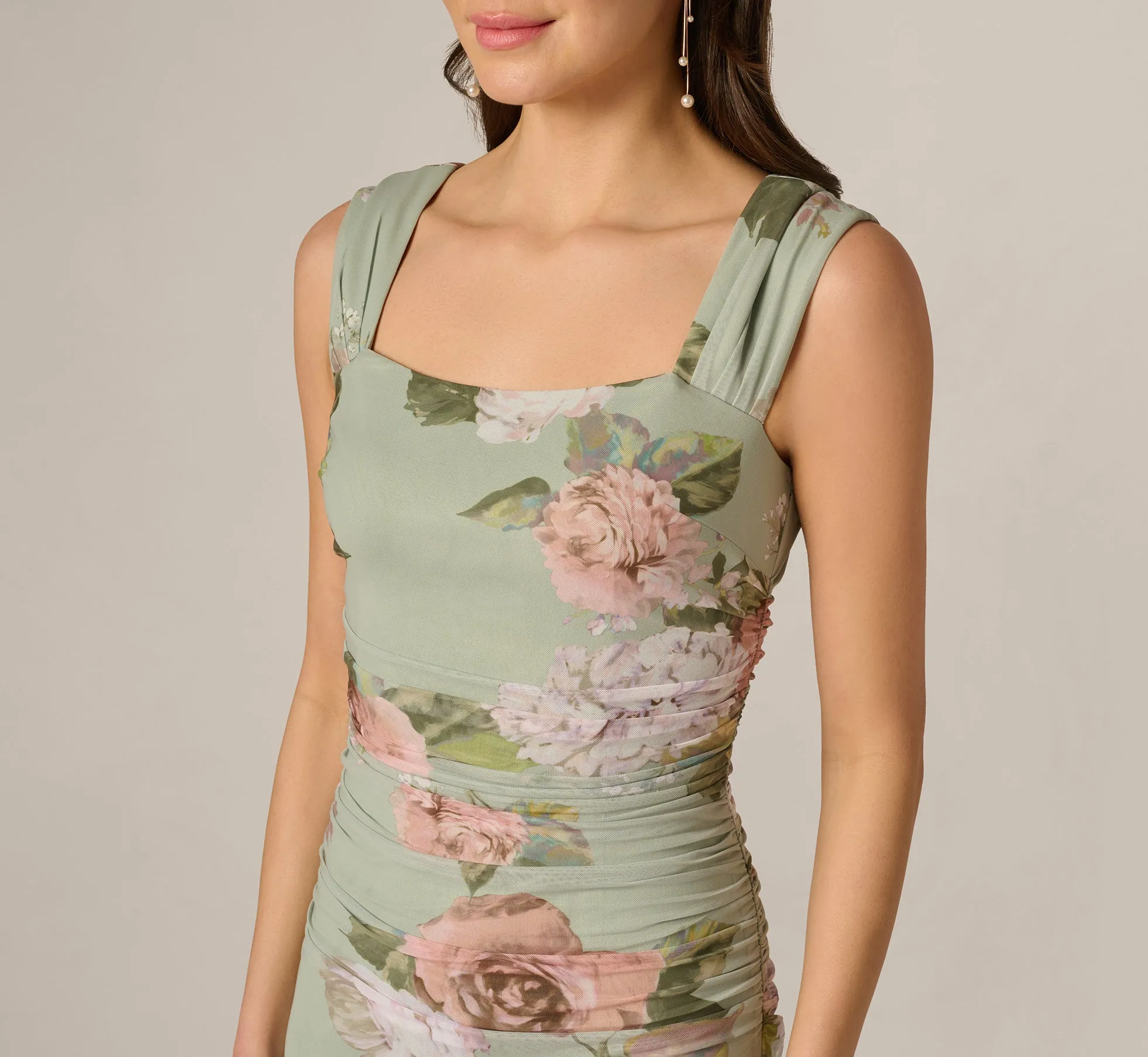 Floral Print Stretch Mesh Ruched Gown In Sage Multi sold by Adrianna Papell product image thumbnail 3