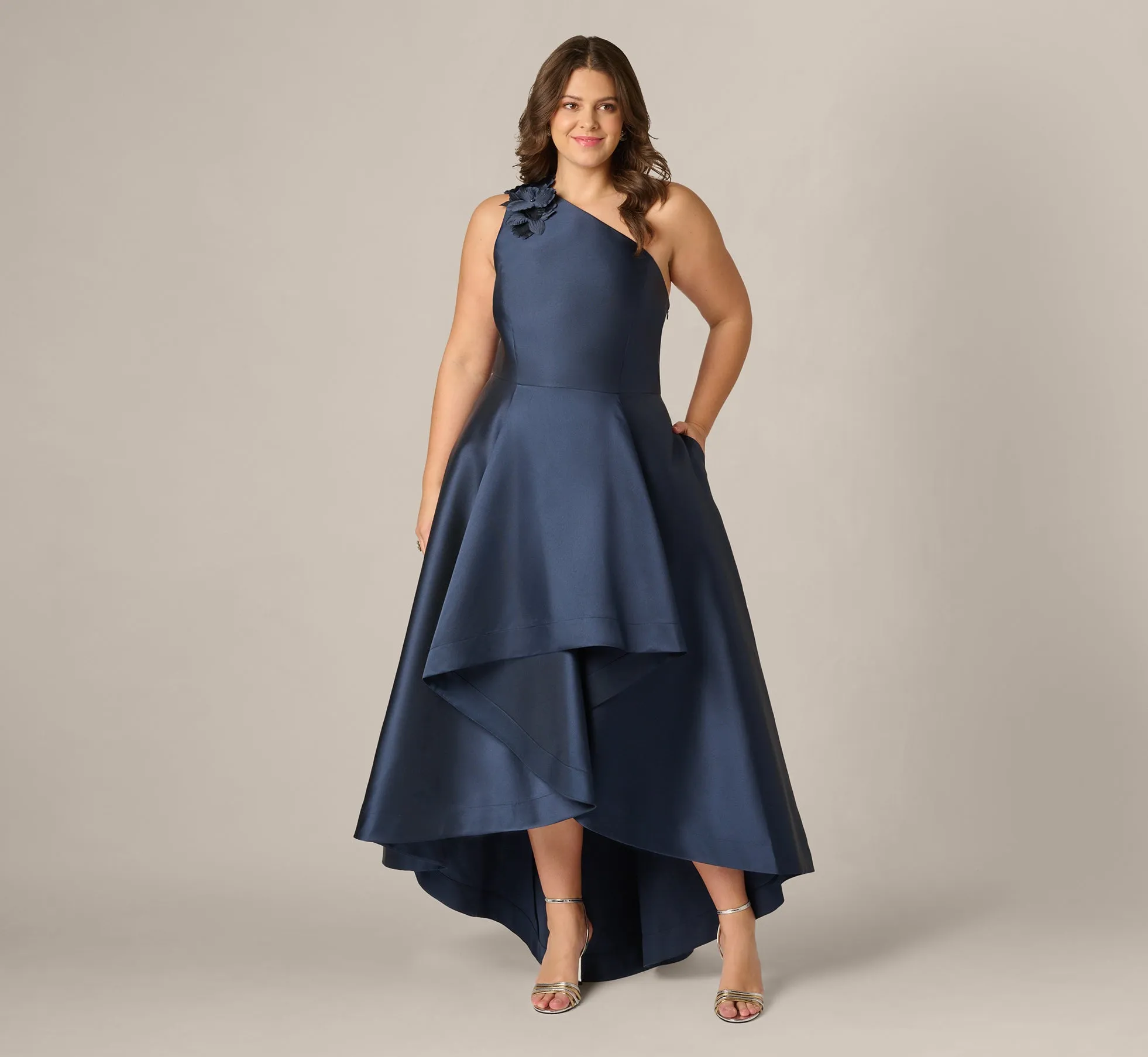 Plus Size One Shoulder Draped Mikado High Low Gown In Midnight sold by Adrianna Papell product image thumbnail 2