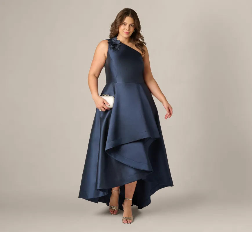 Plus Size One Shoulder Draped Mikado High Low Gown In Midnight made by Adrianna Papell