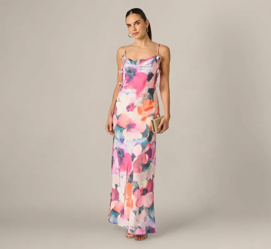 Cowl Neck 3D Floral Sateen Gown In Pink Orange Multi made by Adrianna Papell