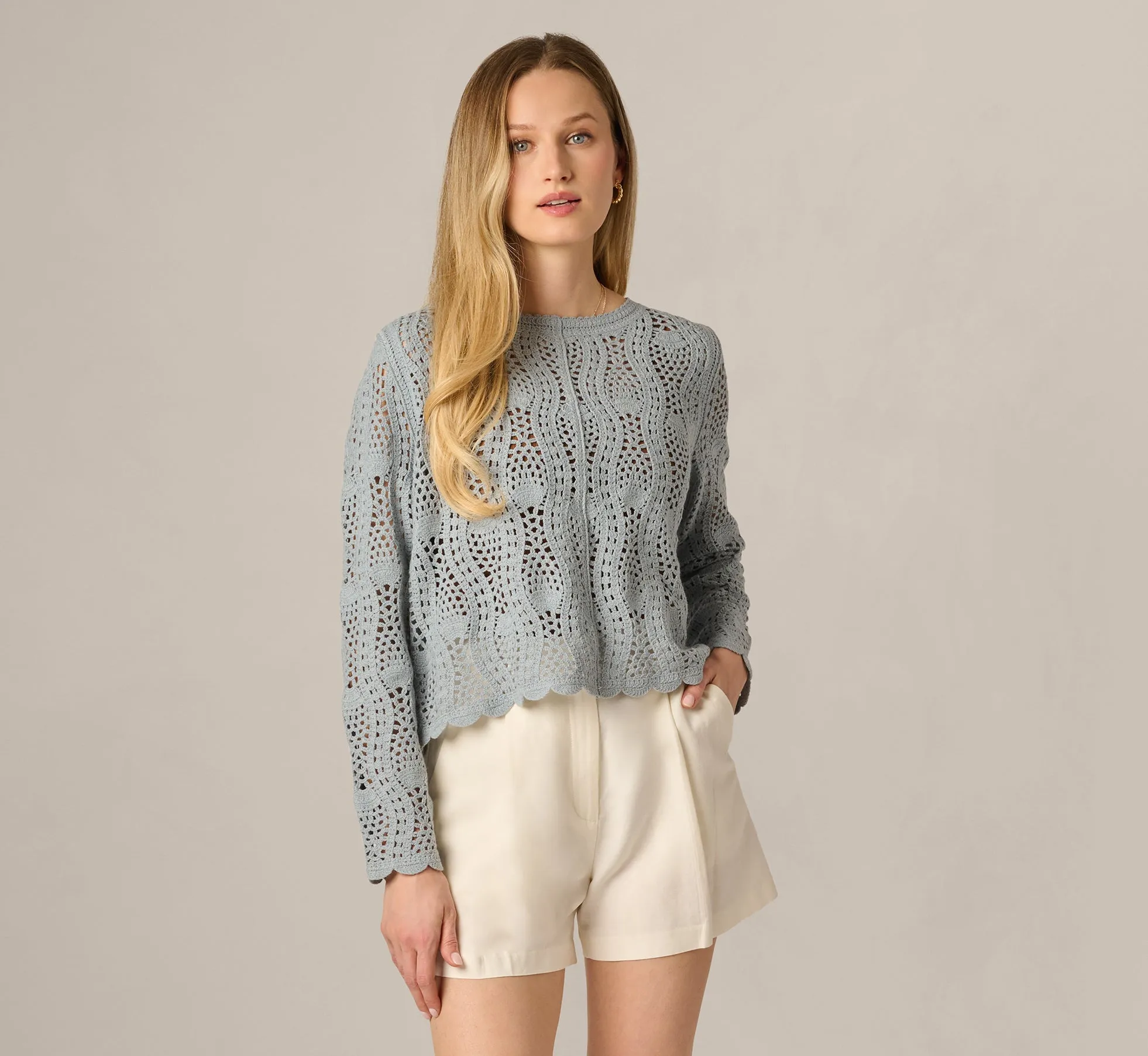 Long Sleeve Open Crochet Sweater In Soft Cloud sold by Adrianna Papell product image thumbnail 3