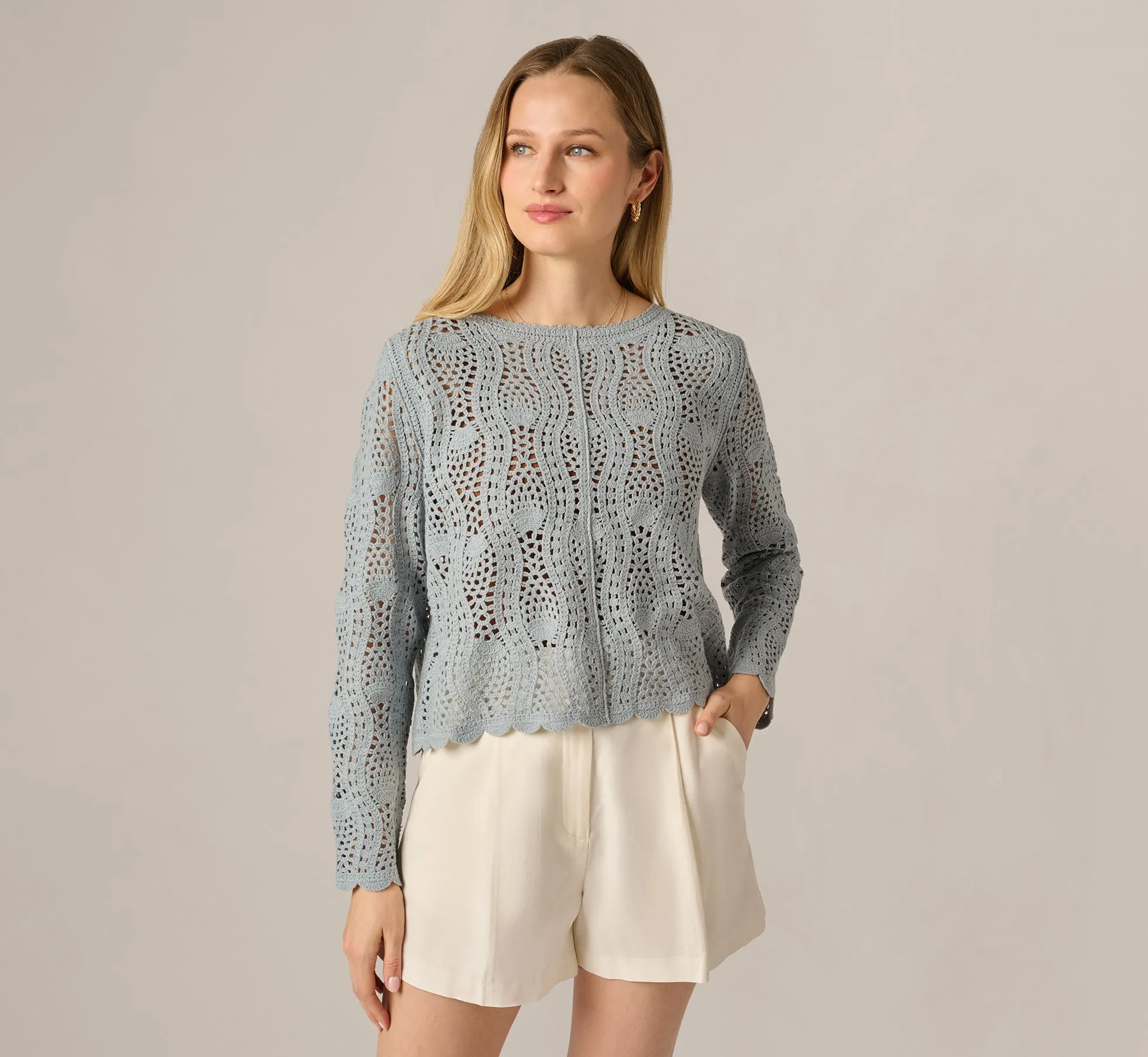 Long Sleeve Open Crochet Sweater In Soft Cloud sold by Adrianna Papell