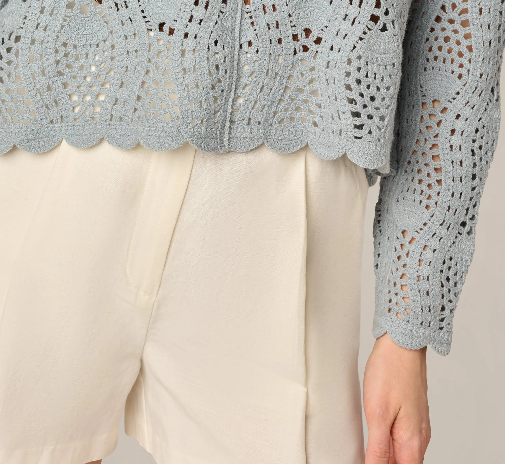 Long Sleeve Open Crochet Sweater In Soft Cloud sold by Adrianna Papell product image thumbnail 5