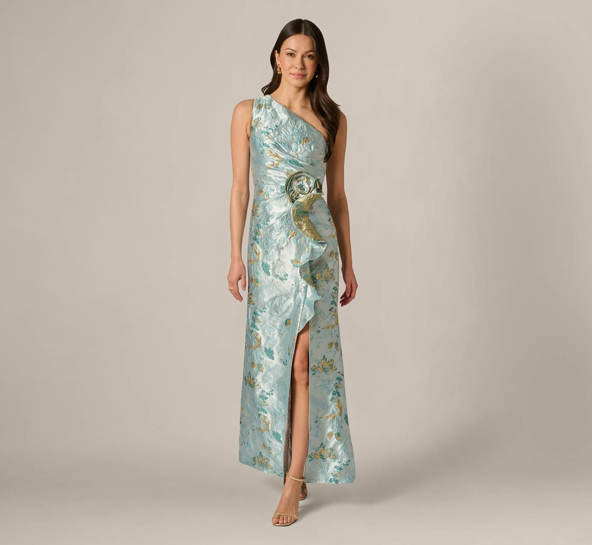 Petite One Shoulder Floral Jacquard Rosette Gown In Blue Multi sold by Adrianna Papell product image thumbnail 3