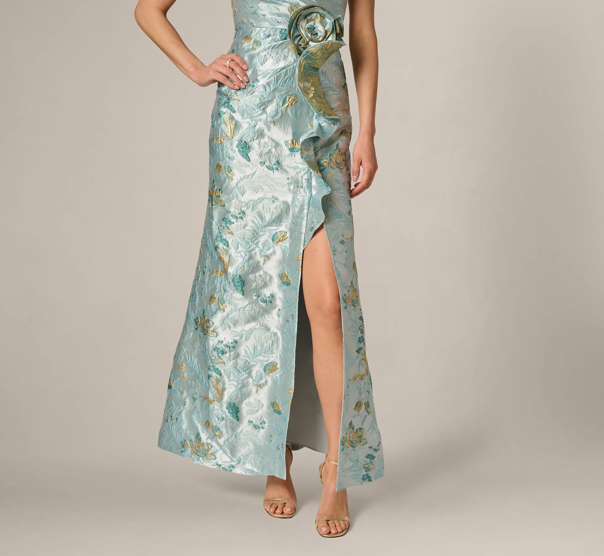 Petite One Shoulder Floral Jacquard Rosette Gown In Blue Multi sold by Adrianna Papell product image thumbnail 5