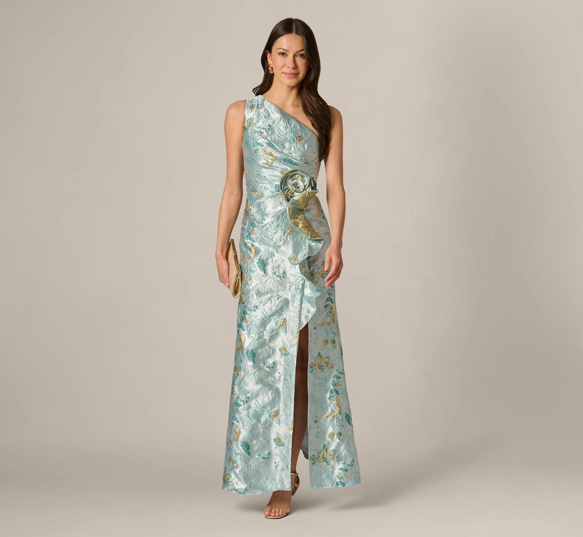 Petite One Shoulder Floral Jacquard Rosette Gown In Blue Multi sold by Adrianna Papell product image thumbnail 2