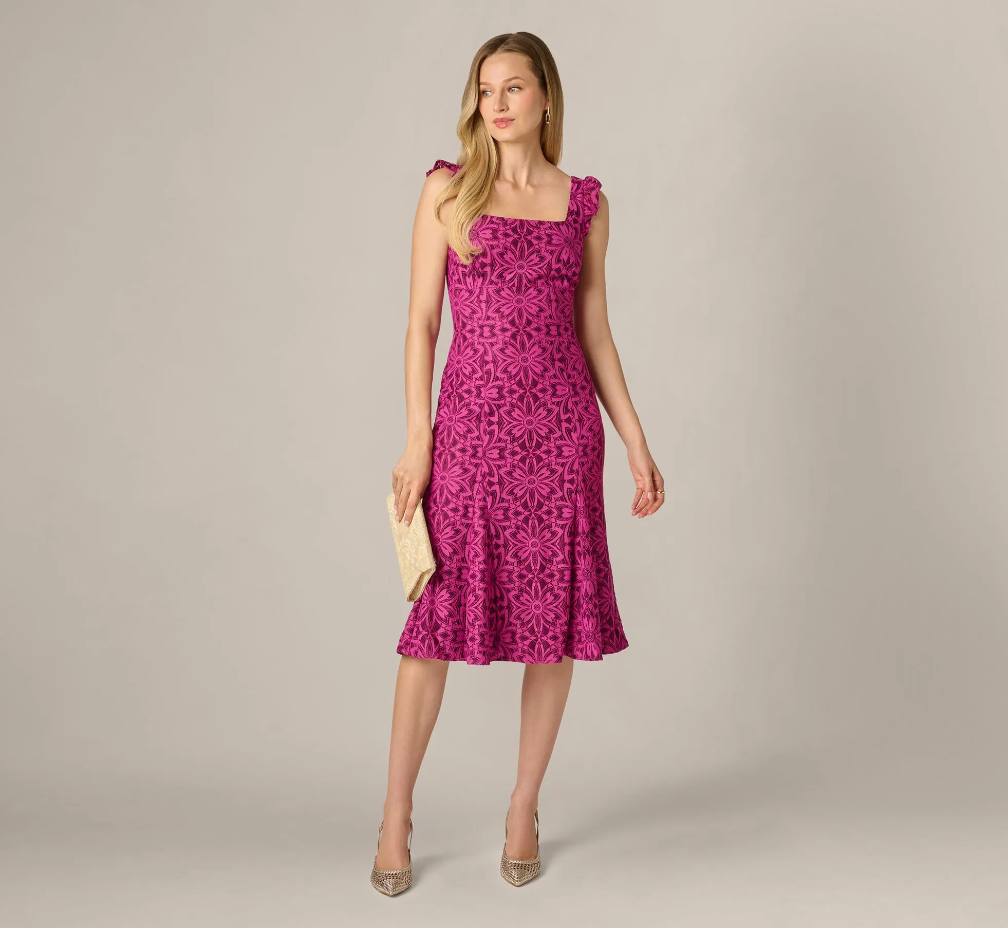 Floral Geometric Lace Midi Dress In Berry Multi sold by Adrianna Papell