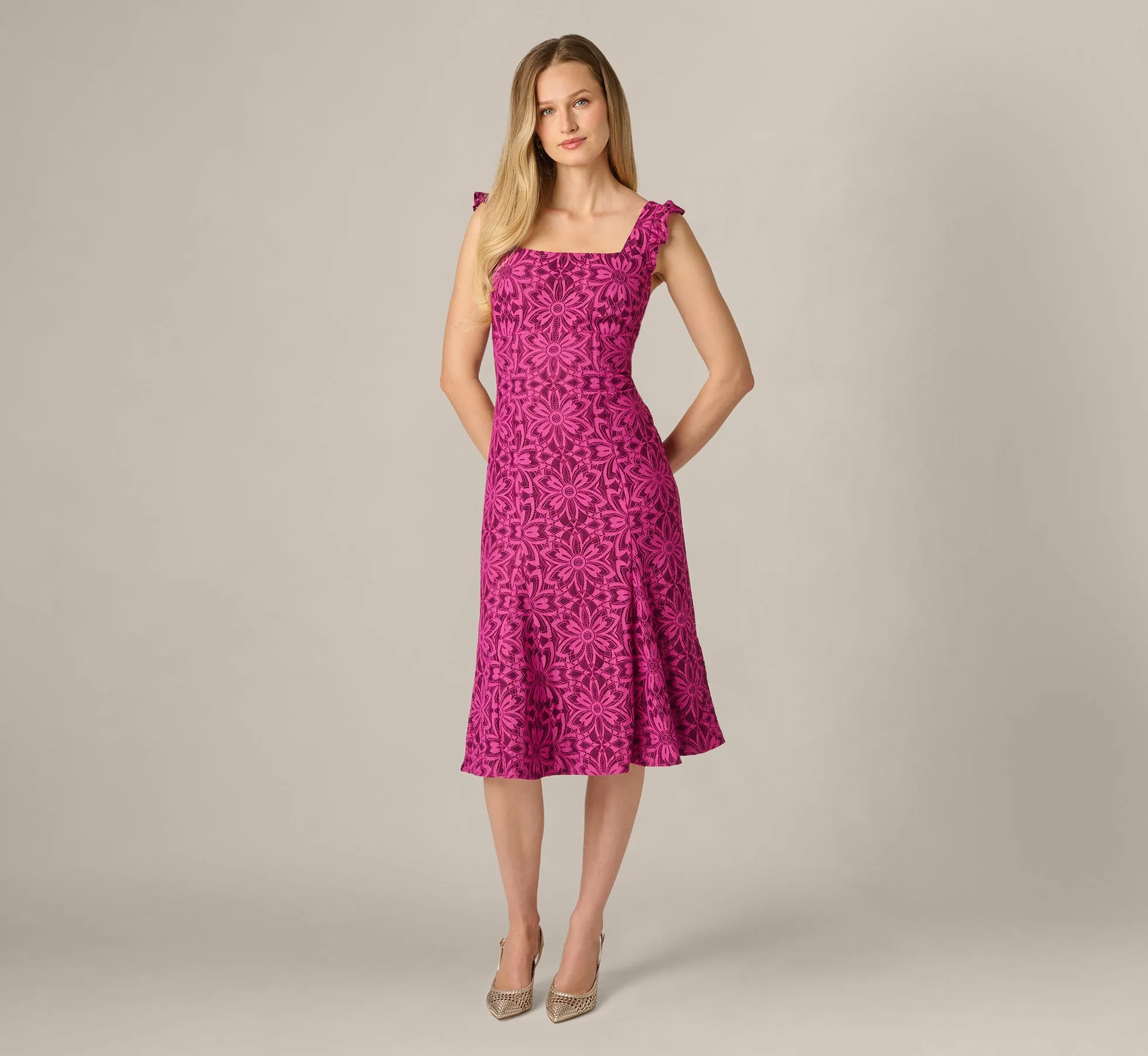 Floral Geometric Lace Midi Dress In Berry Multi sold by Adrianna Papell product image thumbnail 2