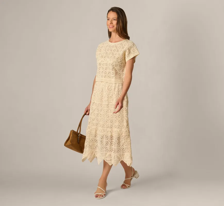 Crochet Knit Dagger Hem Midi Skirt In Cream made by Adrianna Papell