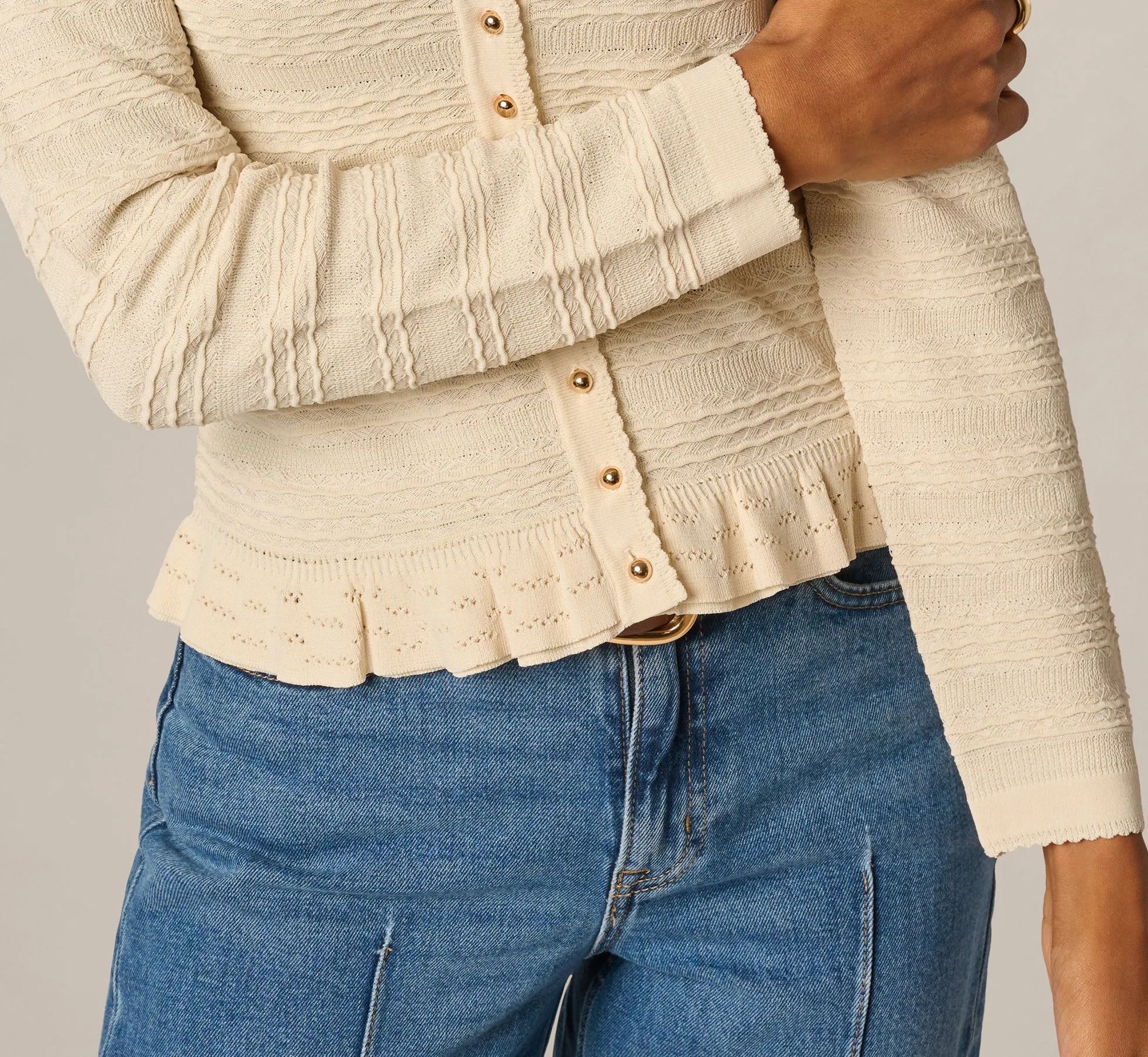 Ruffle Hem Cable Knit Cardigan Sweater In Cream sold by Adrianna Papell product image thumbnail 5