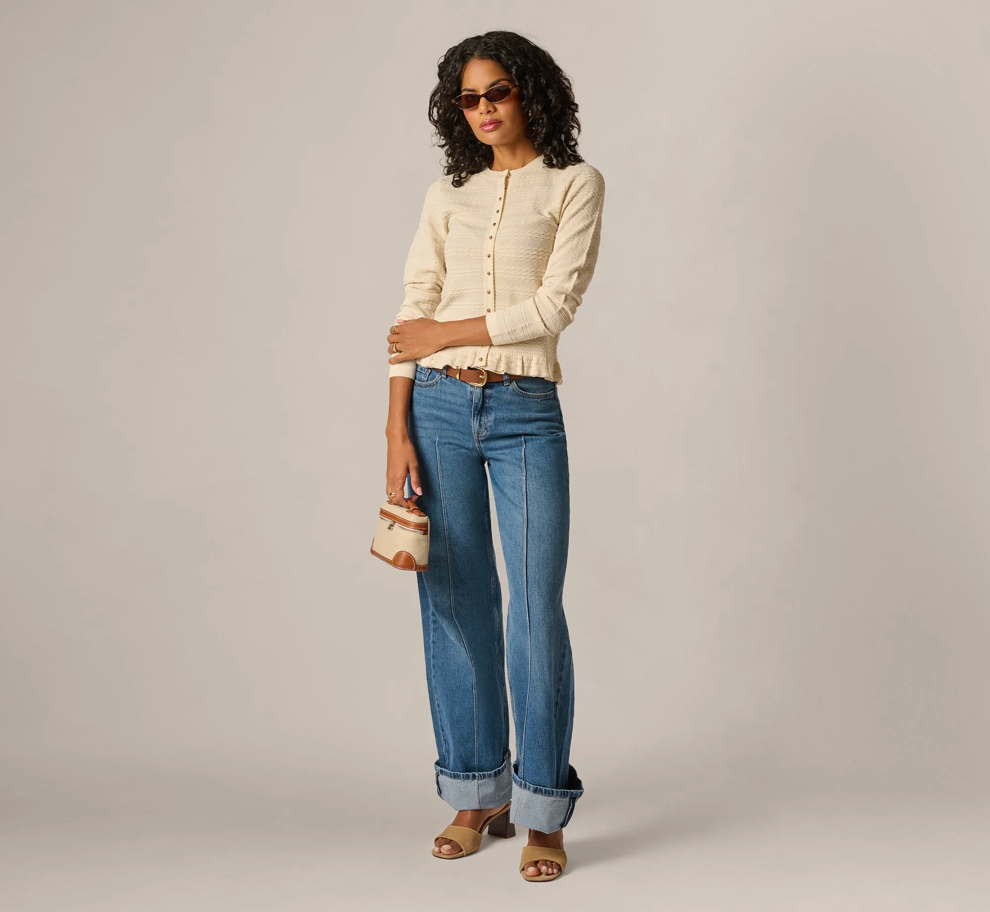 Ruffle Hem Cable Knit Cardigan Sweater In Cream sold by Adrianna Papell product image thumbnail 2